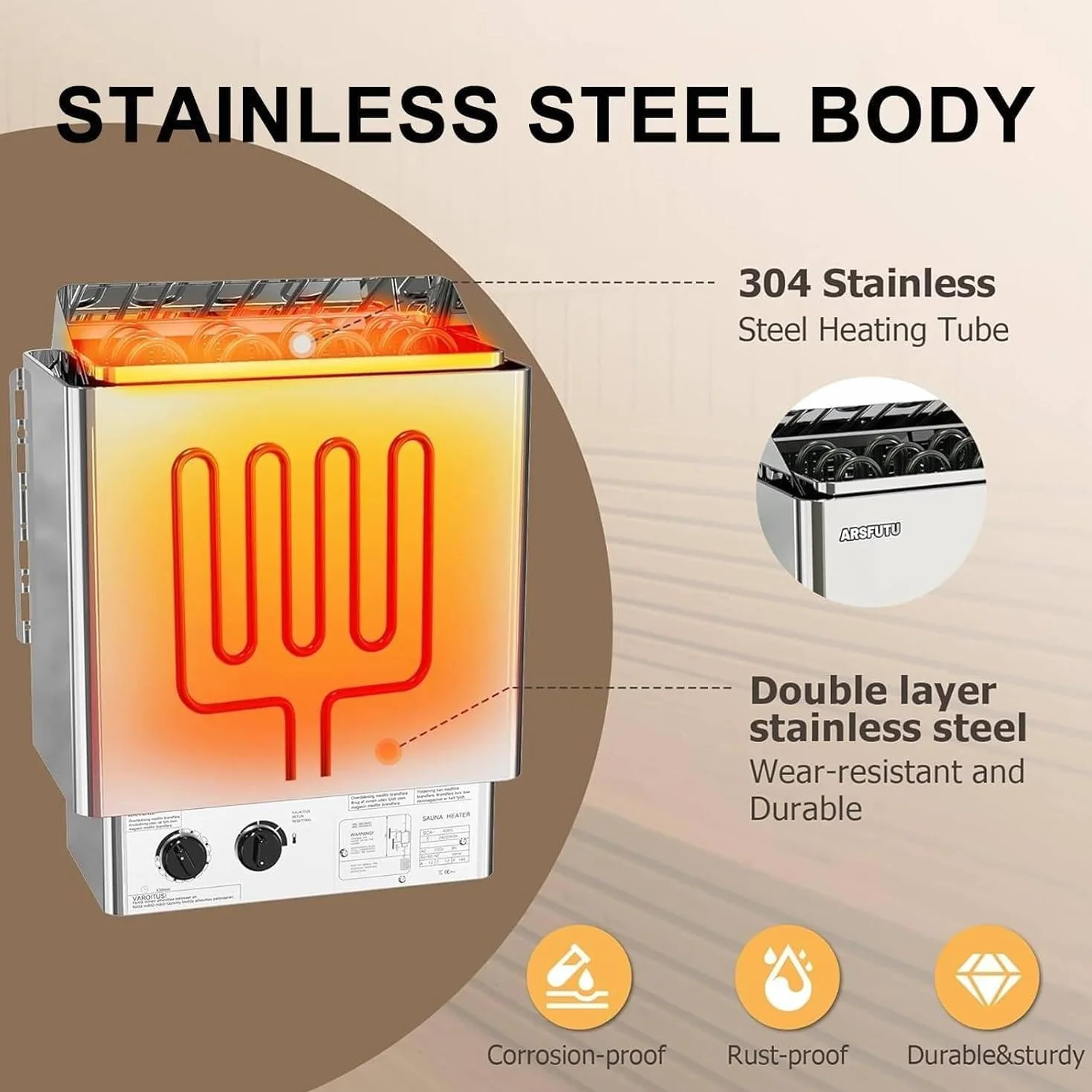 Poêle de Sauna Électrique Portable Inox, 6 kW, Contrôleur Intégré, 80℃ Max, pour Sauna 5-9 m³, Utilisation Commerciale de Douche Spa Hôtel, Pierres Non Incluses
