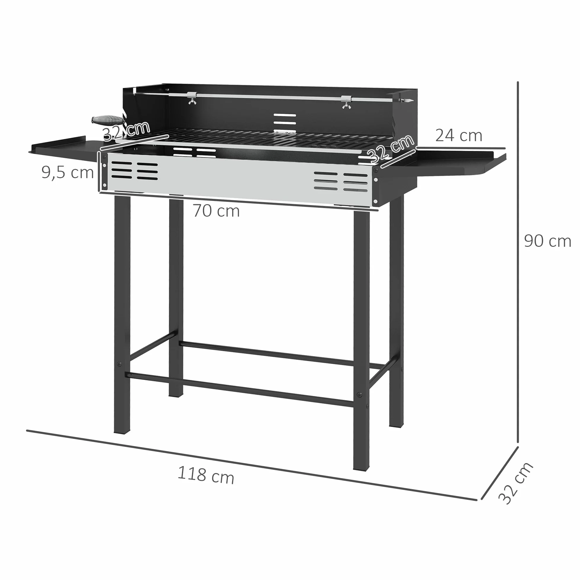 Outsunny Barbecue Charbon de Bois BBQ Grille 3 Niveaux Étagères Latérales Pliables Acier Inoxydable Pare-Vent Amovible 118x32x90 cm Noir