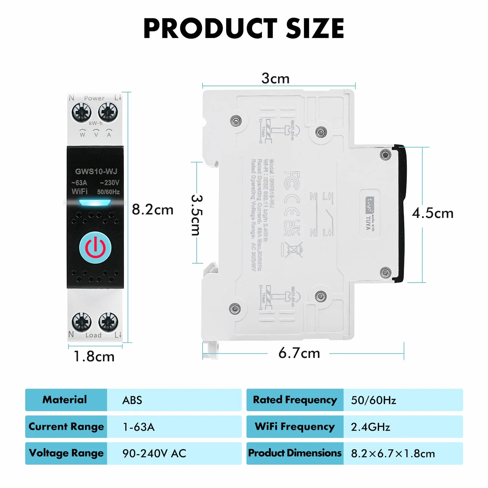 Disjoncteur connecté wifi 63A Tuya interrupteur connecté wifi commande vocale Minuterie AC230V Commutateur de télécommande Mesure Intelligent Compatible avec Alexa et Google Home GWS10-WJ