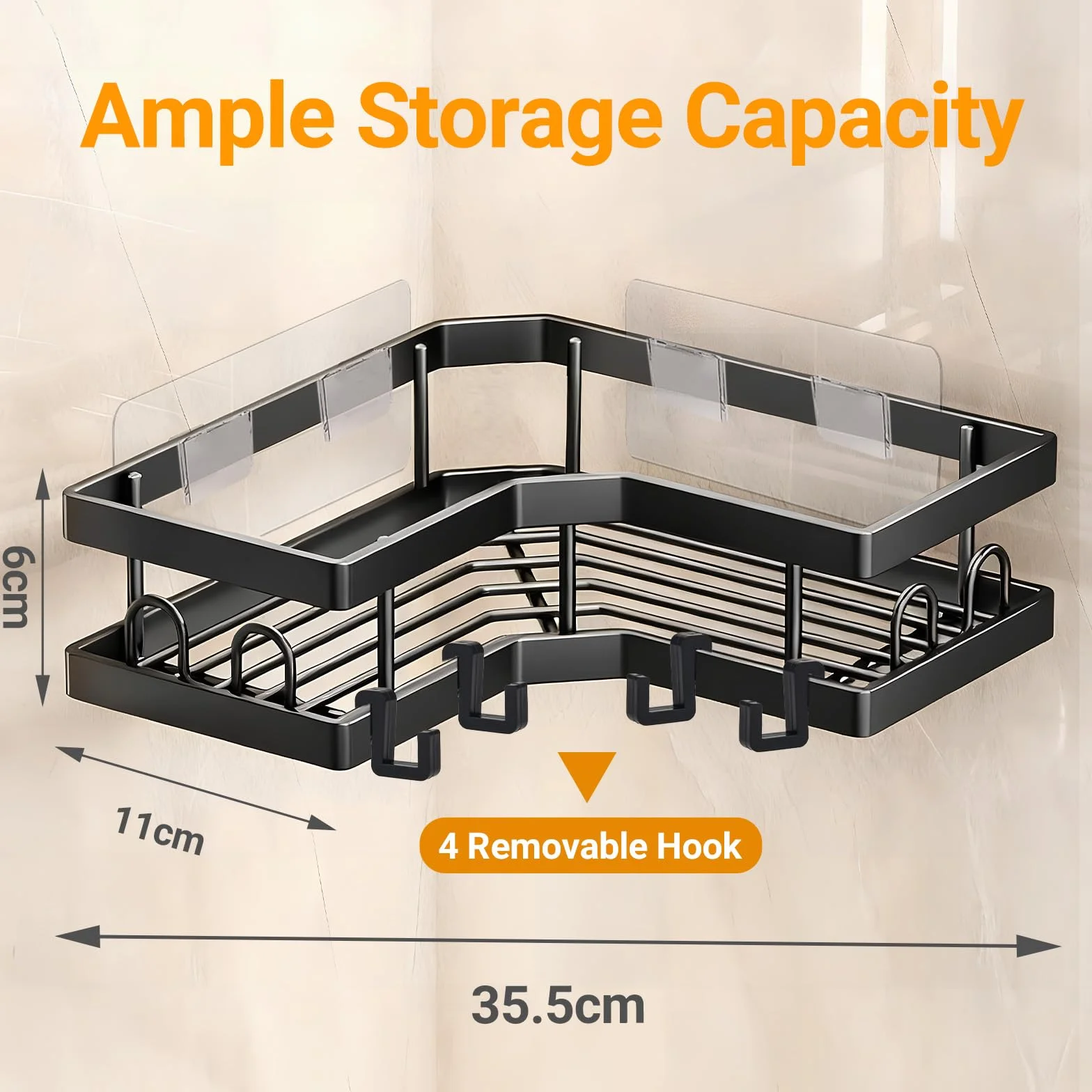 2 Pièces Etagere Douche sans Percage, Etagere Salle Angle de Bain Support Rangement Organisation avec Crochets Accessoire pour Gel et Shampooing pour la Salle Bain Cuisine (Noir)
