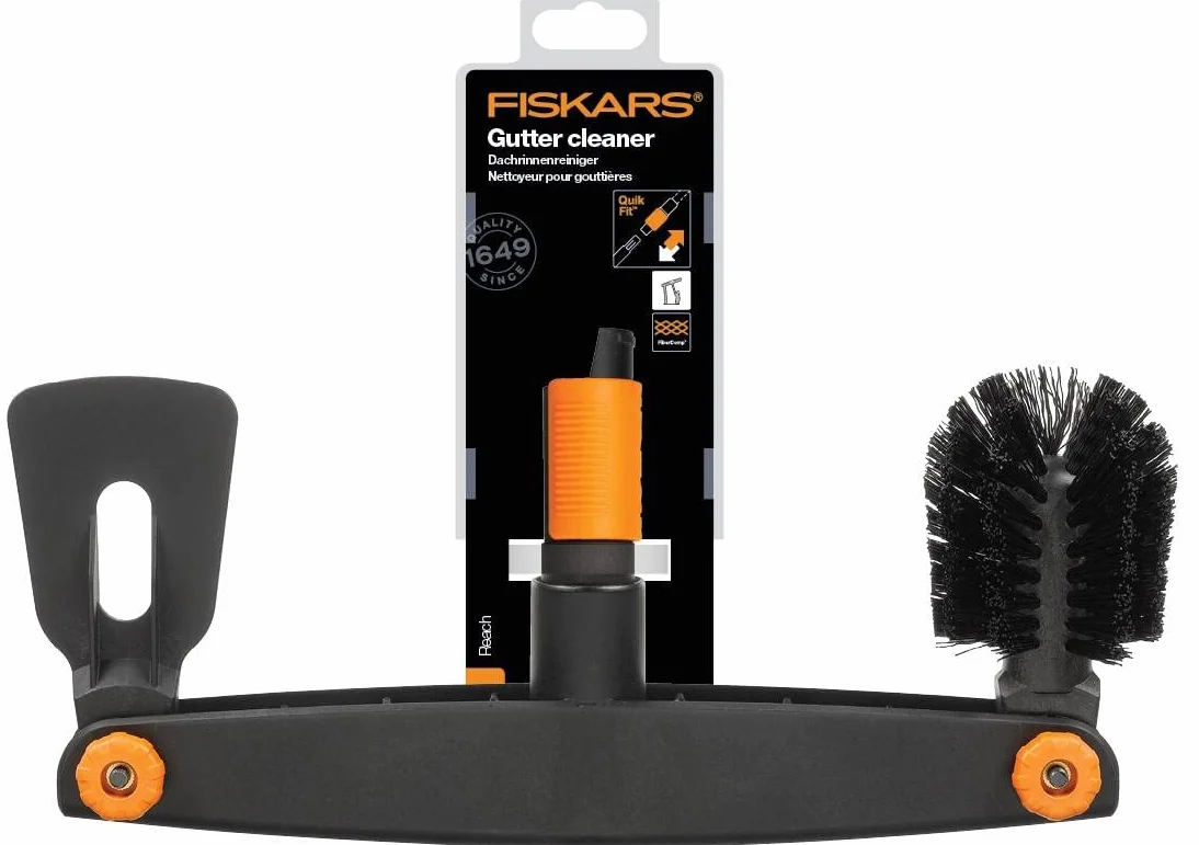 Fiskars Nettoyeur de gouttière, Avec grattoir et brosse ajustables, Tête d'outil QuikFit, Largeur: 4,5 cm, Noir/Orange, QuikFit, 1001414