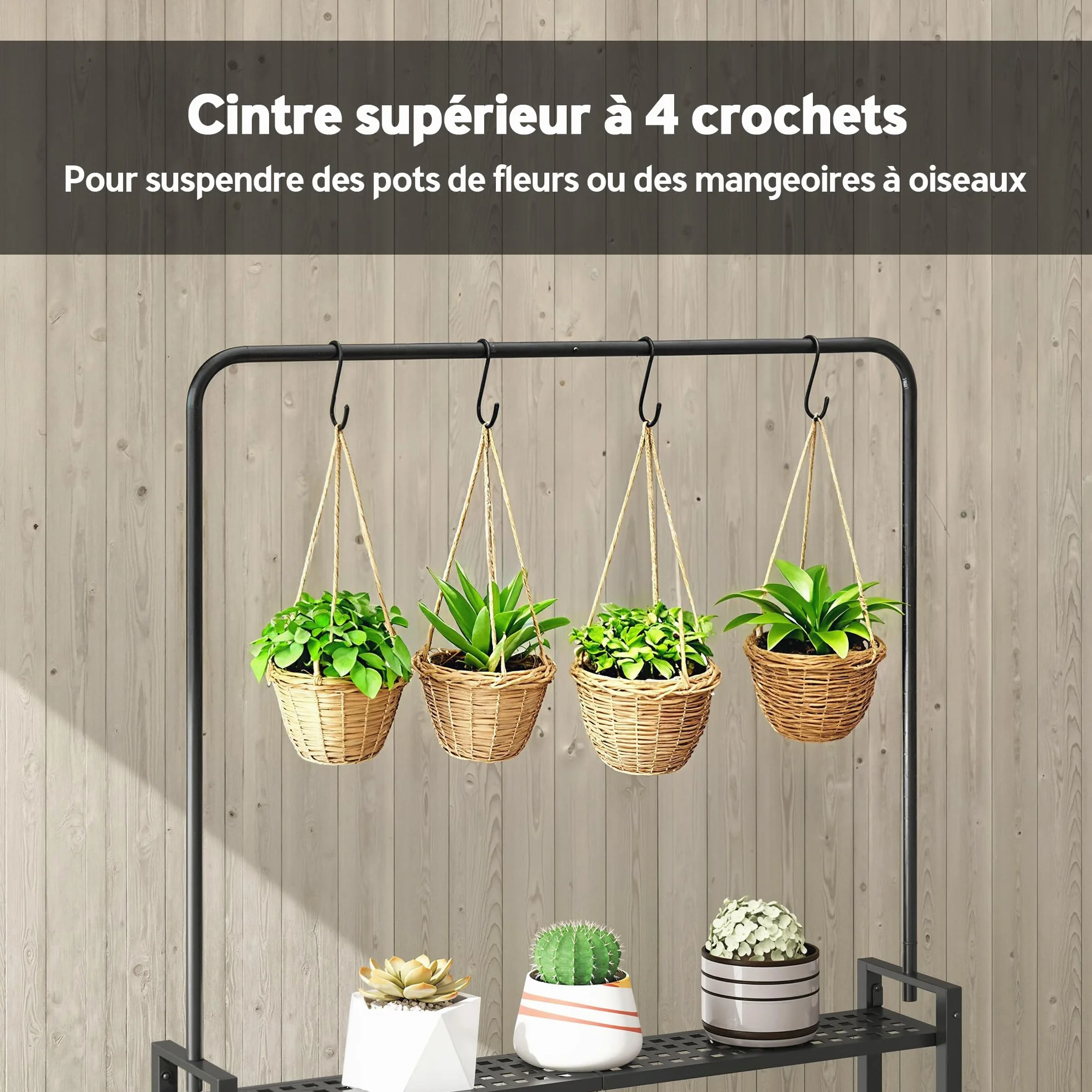 Outsunny Étagère à Fleurs Pliable Métal 3 Niveaux avec Roulettes et 4 Crochets Intérieur Extérieur Noir