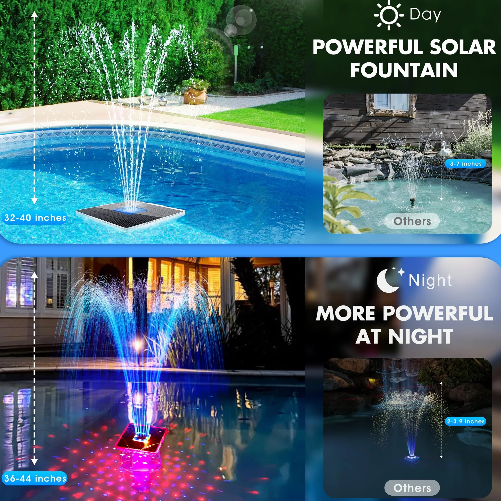 Fontaine Solaire Flottante avec Lumière 2 Modes Hauteur 110cm pour Piscine Bassin