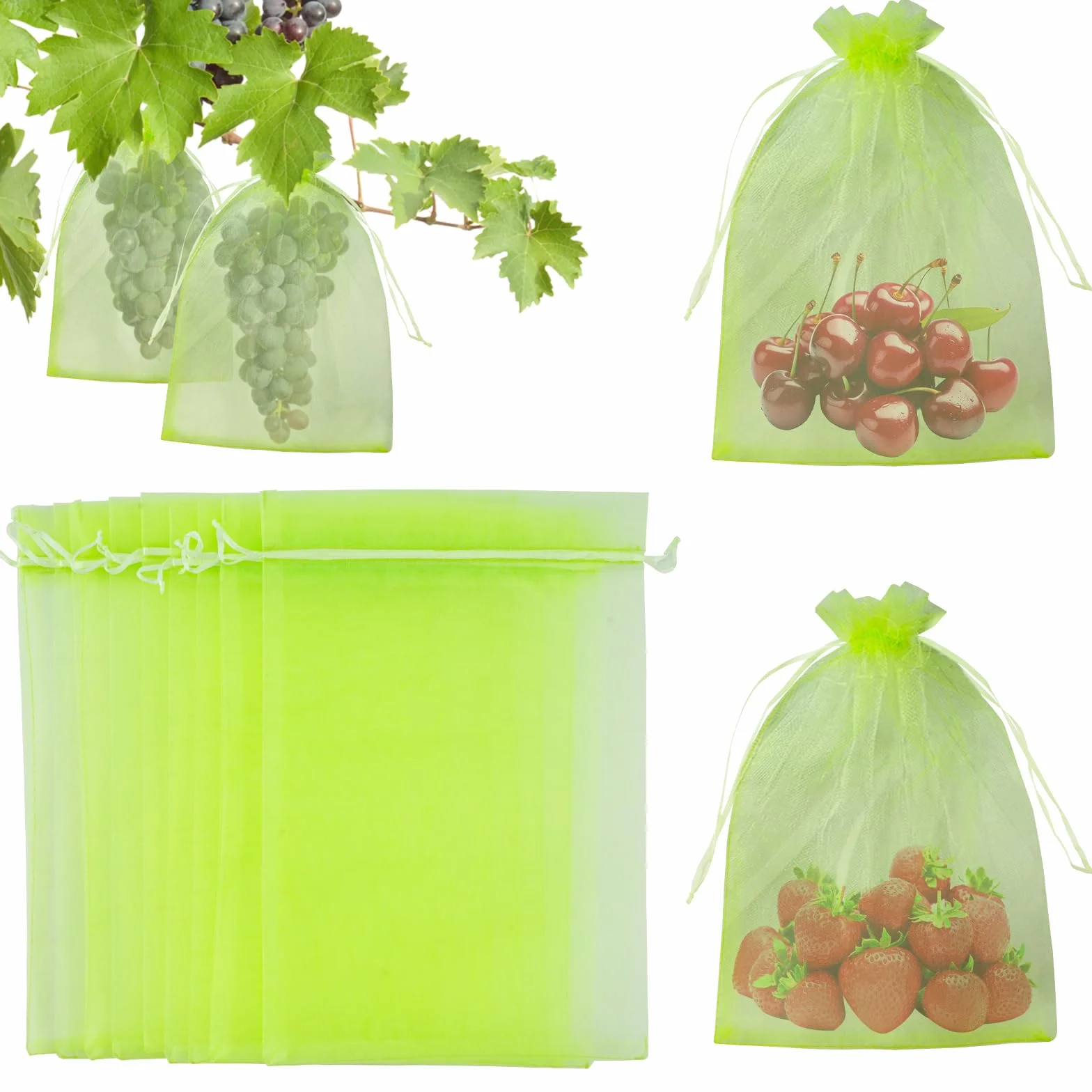KINGLAKE 50 Pièces 15x20cm Sachet Protection Raisin Fruits Verts avec Cordon Sac Aéré Transparent Organza Empêcher Guêpes Drosophile Oiseaux