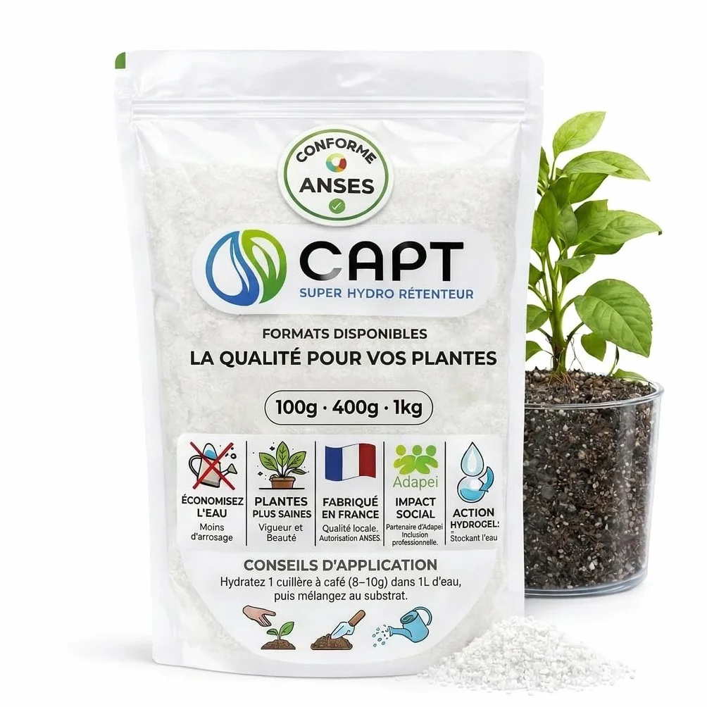 CAPT® Hydro-Rétenteur d'Eau pour Plantes - Billes Réserve d'Eau, Arrosage Automatique Vacances (400g) - Gel Rétention d'Eau, Fabrication Française Homologuée ANSES