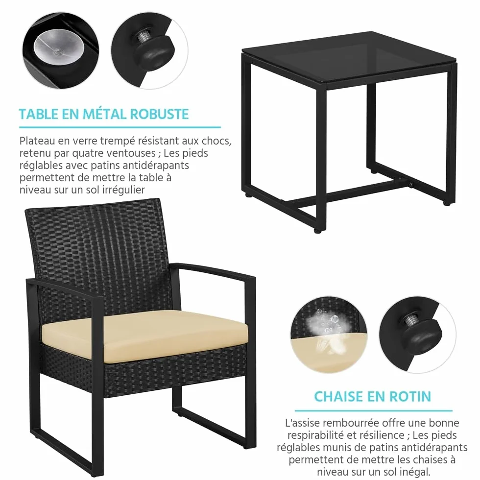 Yaheetech Salon de Jardin Exterieur 2 Fauteuils 1 Table Basse Poly Rotin Metal Noir/Kaki