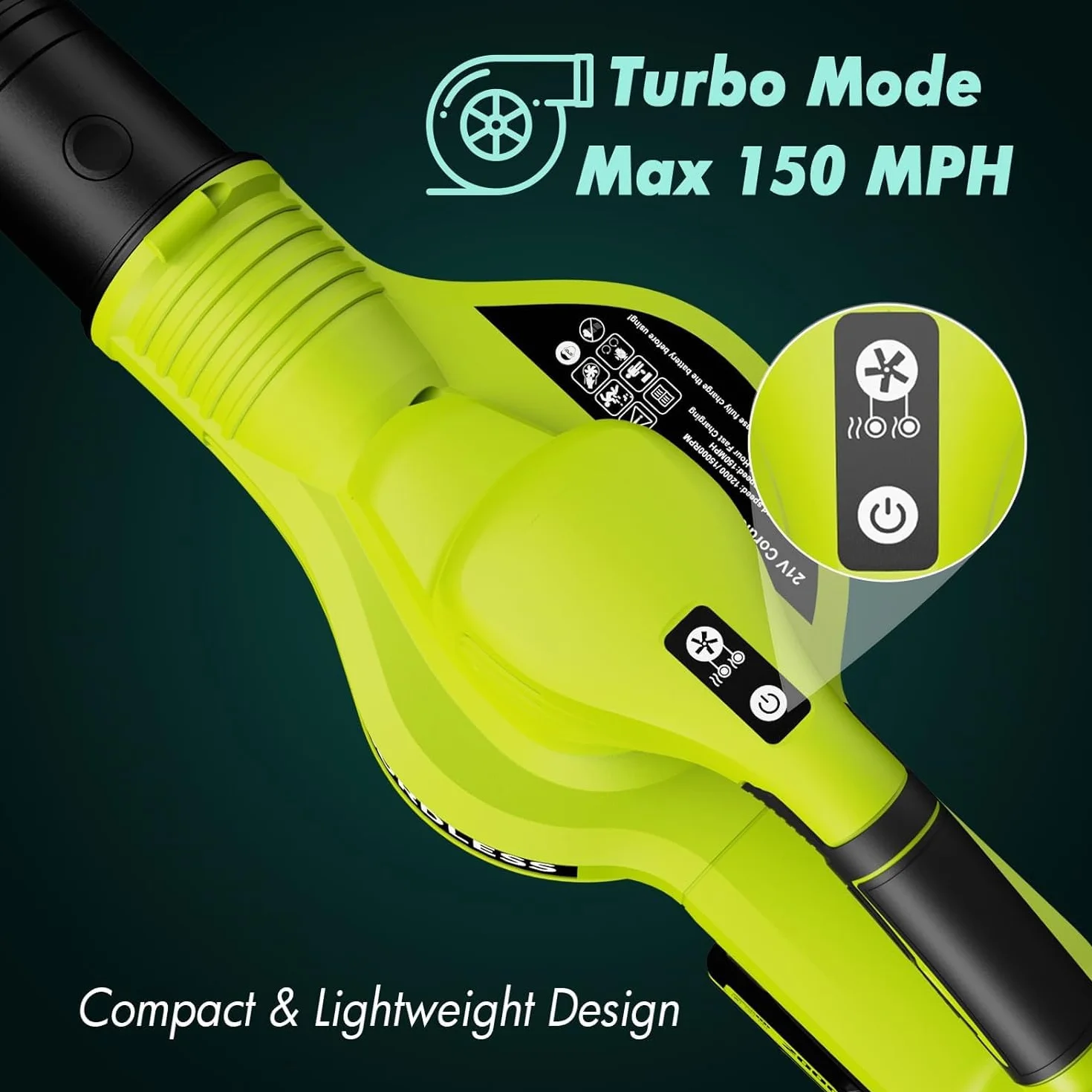 Souffleur de Feuilles sans Fil 21V 4,0Ah 3000W 2 Modes de Vitesse Vert