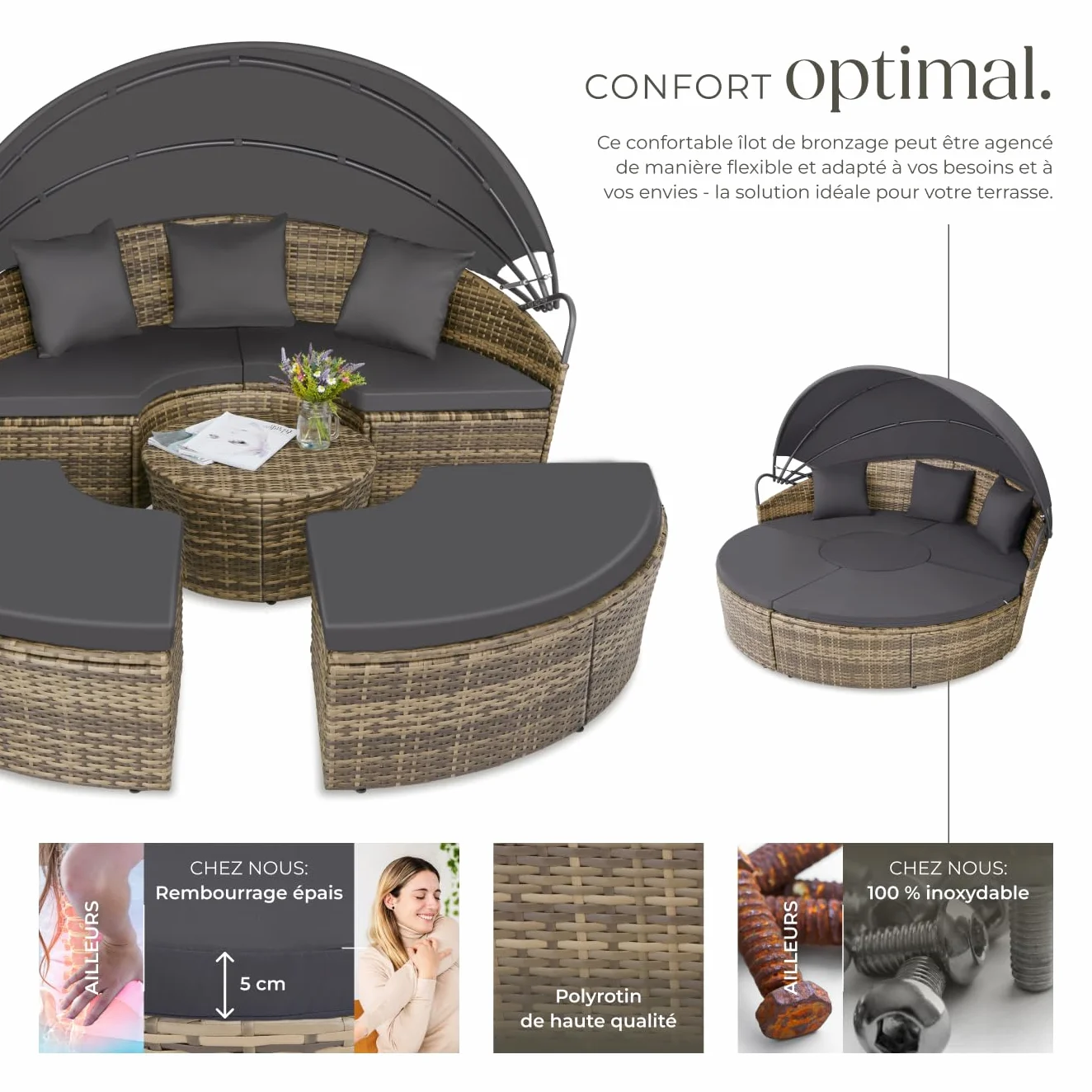 tectake Bain de soleil modulable en résine tressée avec pare soleil pliable, coussins inclus, chaise longue relax pour jardin terrasse
