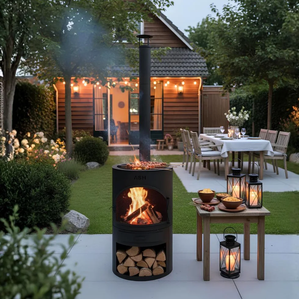 Foyer de terrasse Poêle de jardin Barbecue Chauffage Cheminée Noir
