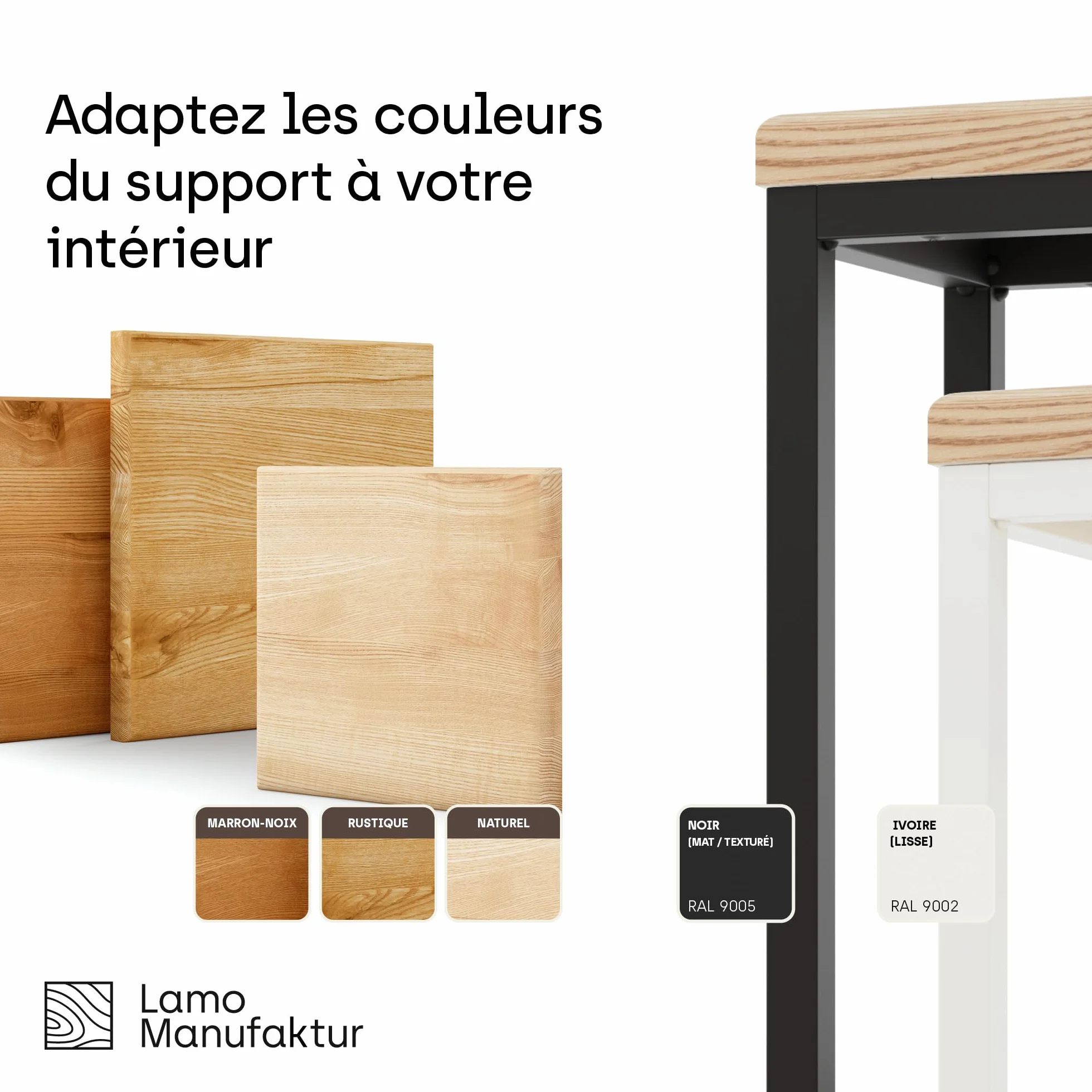 LAMO Manufaktur 70 cm Support Plantes Piedestal Porte-plantes Interieur Cadre Blanc Gris Plateau Bois Massif Naturel
