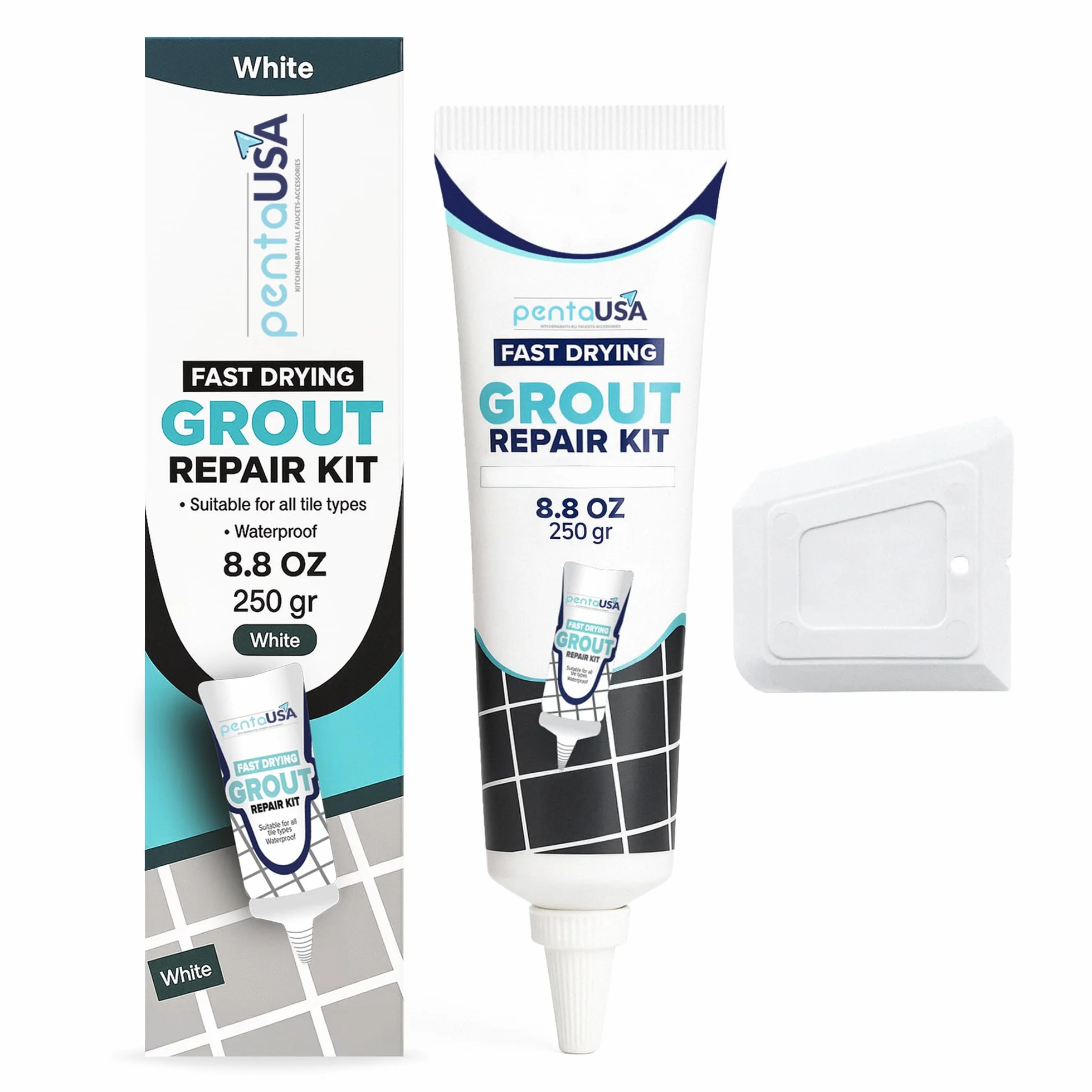 Joint Carrelage - Colle Carrelage, Joint Salle de Bain, Remplissage Répare et Renouvelle, Mortier à Joints - Avec Spatule (250g - Blanc)