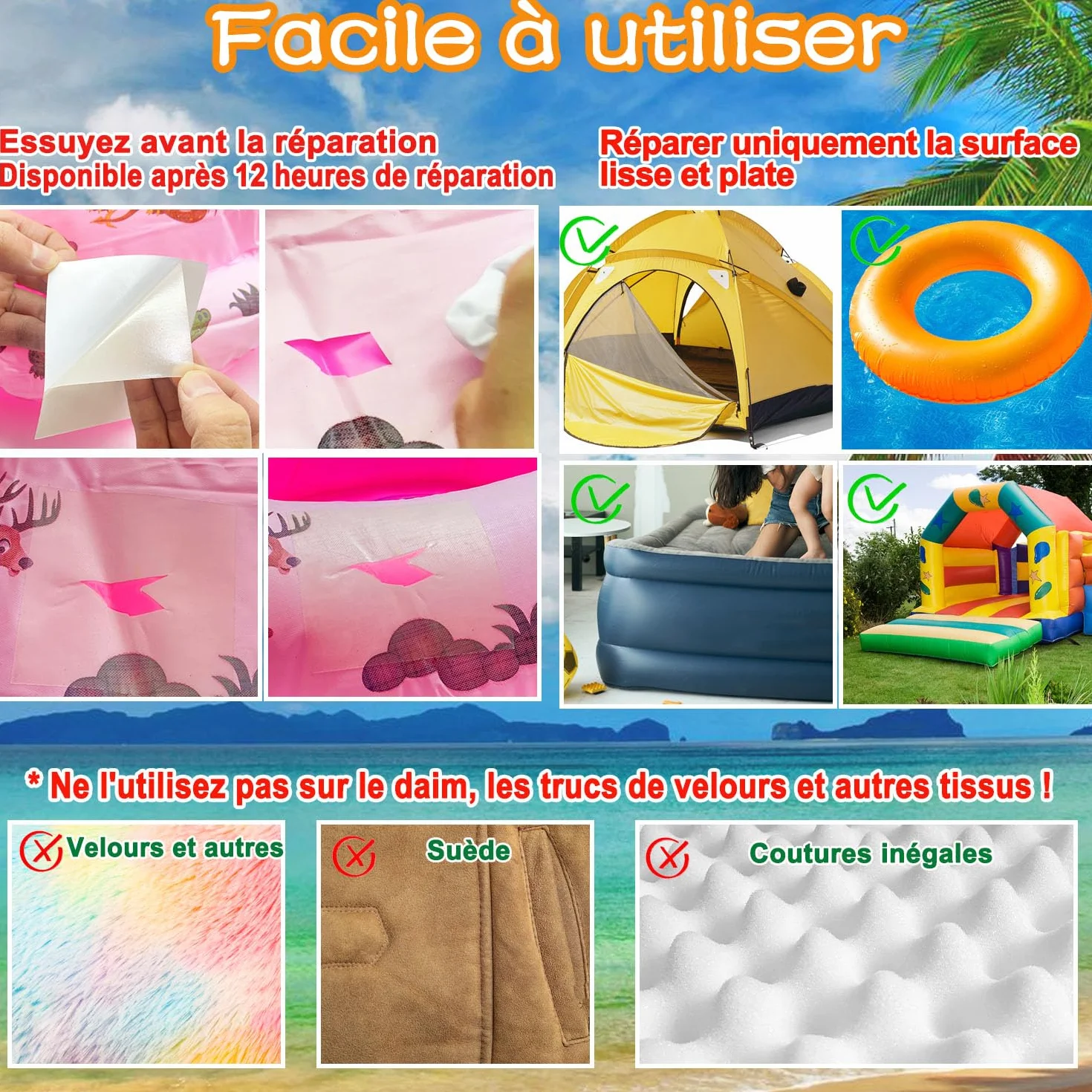 Kit de réparation TPU imperméable 6PCS pour piscine gonflable 8.8 x 8.8cm