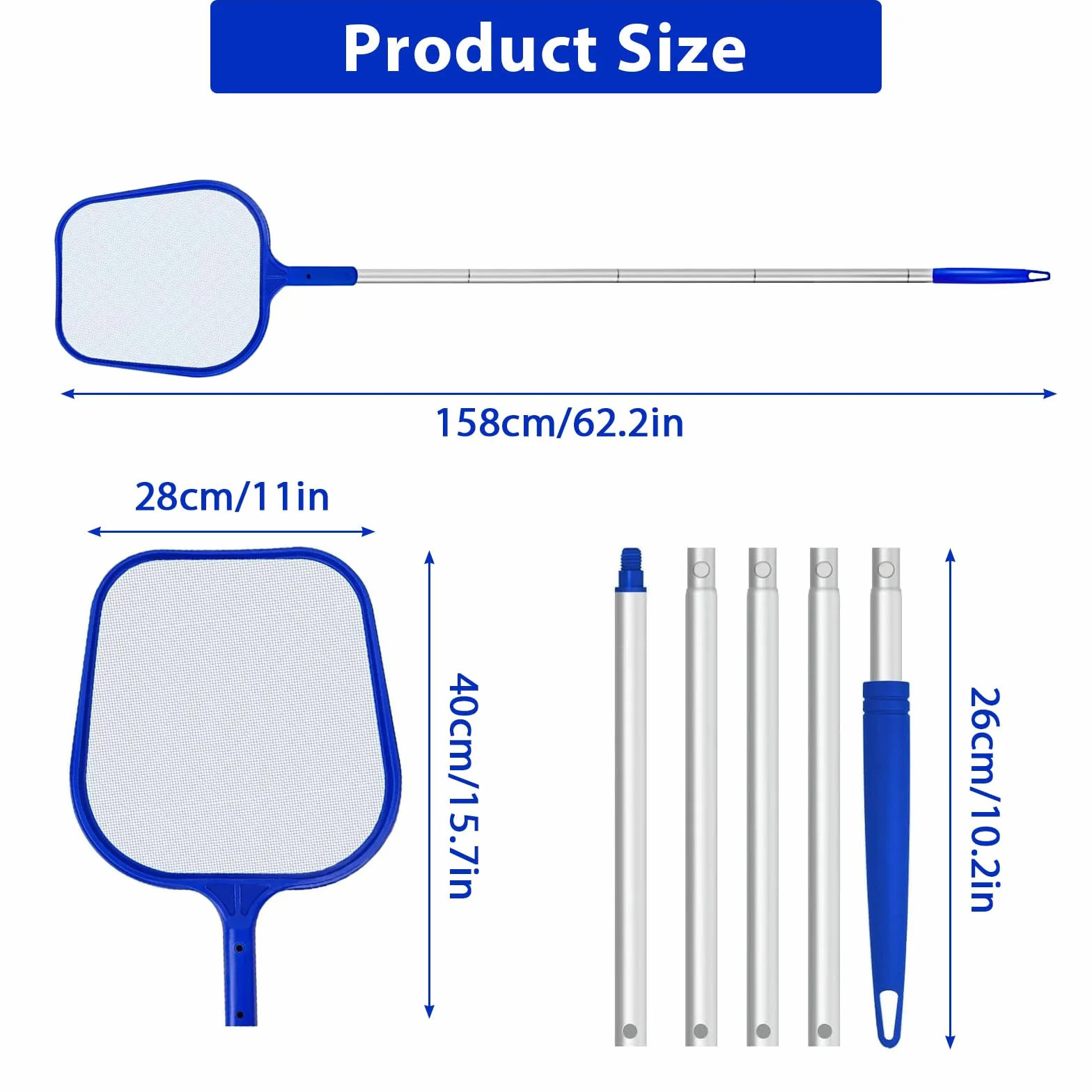 Épuisette Piscine 158cm Filet Nettoyage Maille Extra Fine avec Brosse et Manche Télescopique