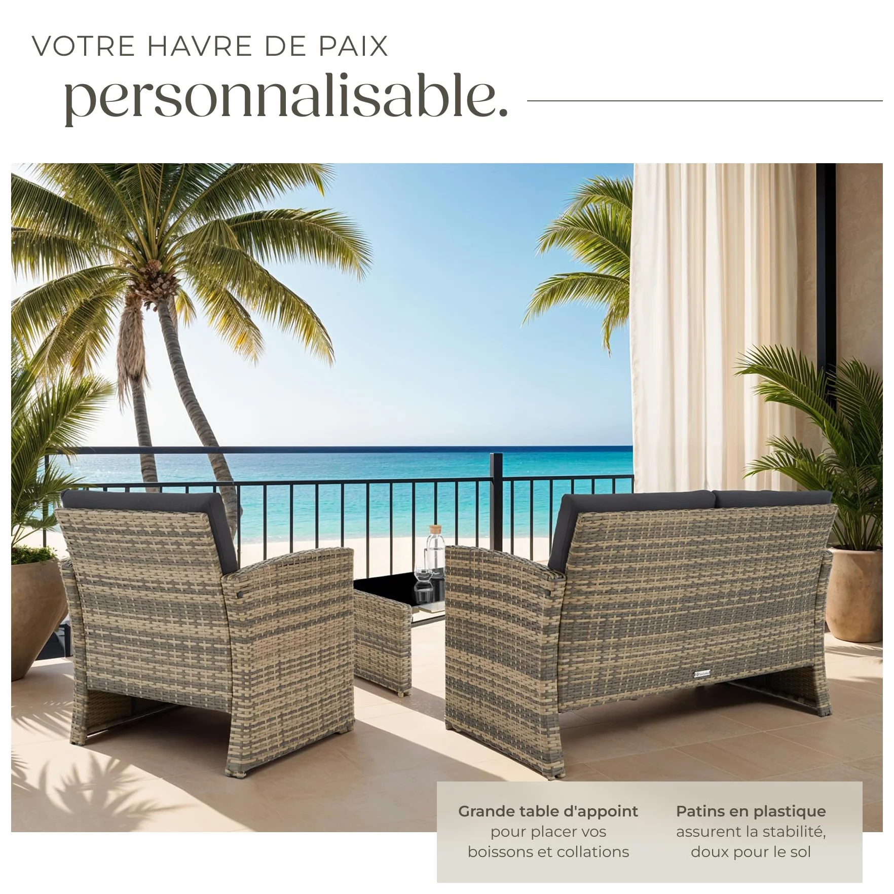 Tectake Salon de Jardin Résine tressée 4 Places Table Canapé 2 Fauteuils Coussins Inclus Marron Naturel Gris foncé