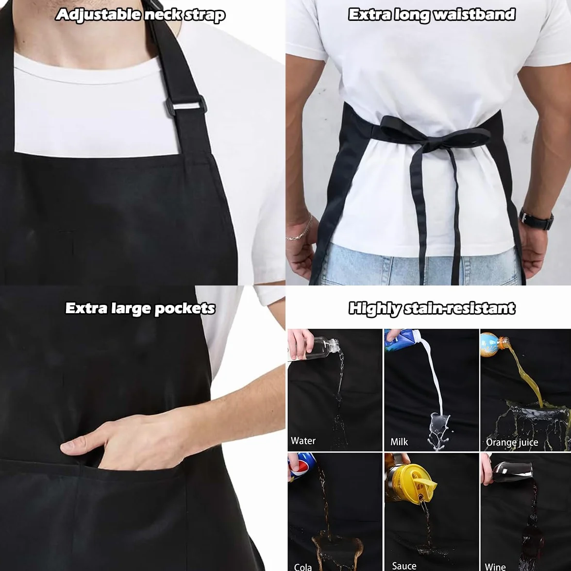 Tablier Cuisine Homme Humour Coton Barbecue Réglable Étanche Noir avec 3 Poches