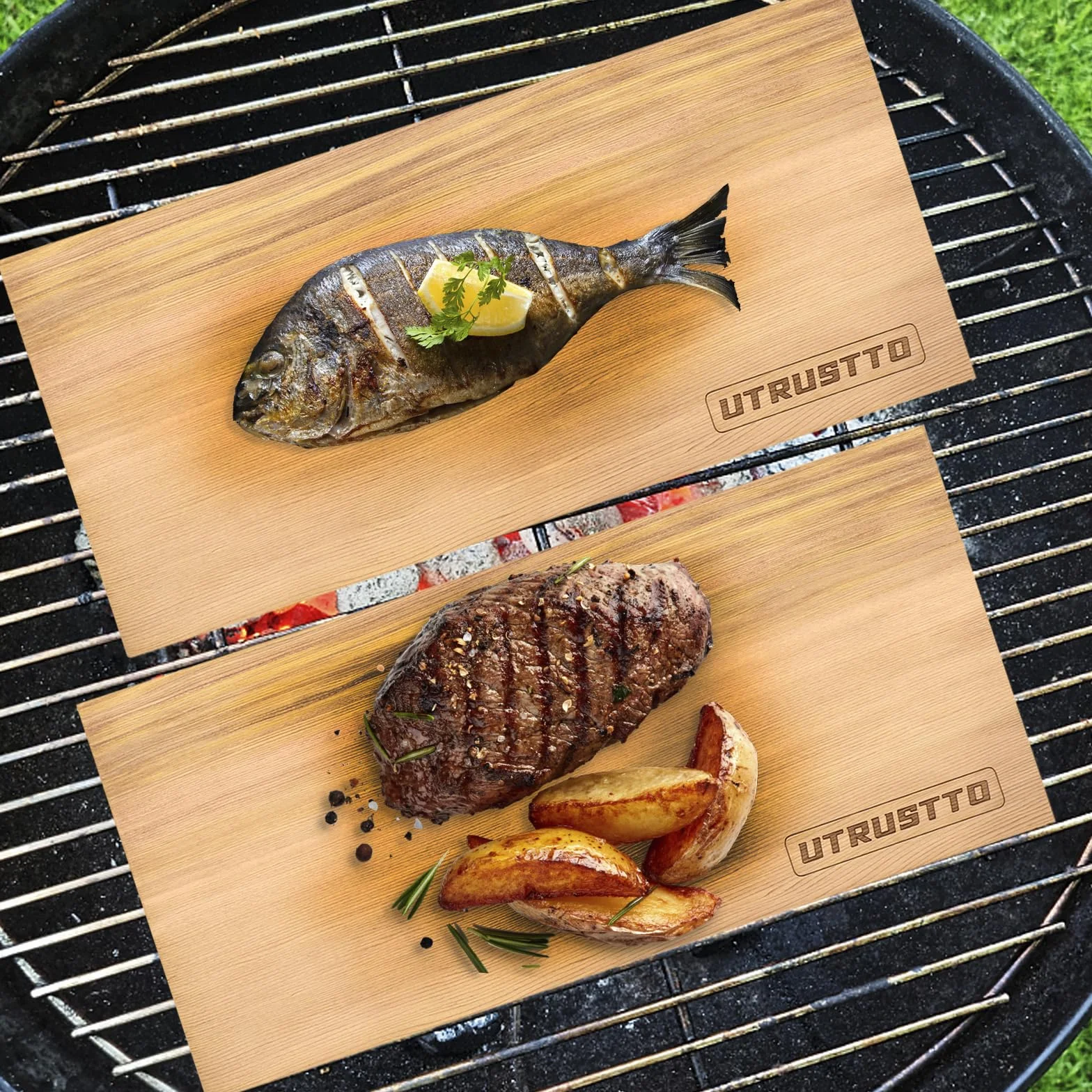 Planches en bois de cèdre pour barbecue - Lot de 2 - Naturel