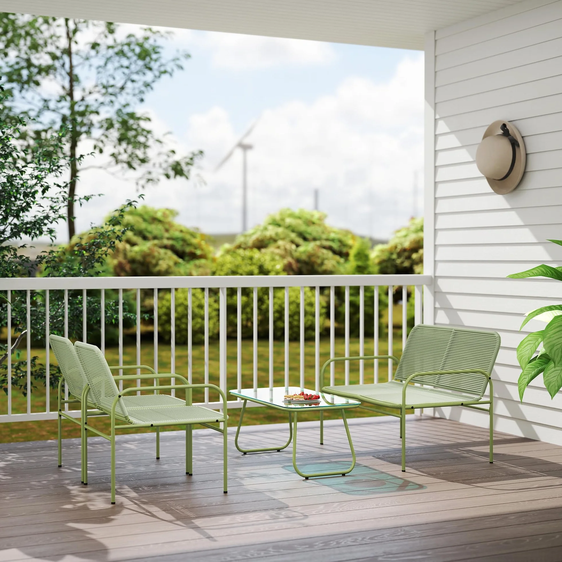 Outsunny Salon de Jardin extérieur résine tressée 4 Places canapé 2 fauteuils Table Verre trempé Acier Vert