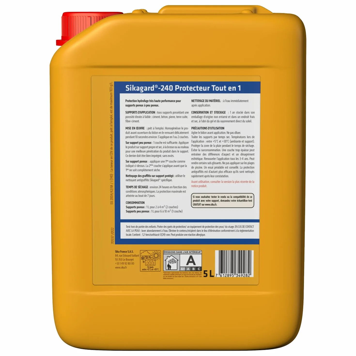 SIKA - Protection hydrofuge façade/mur/toiture et sol - Sikagard 240 Protecteur Tout en 1 - Intérieur et Extérieur - Prêt à l'emploi - Réduit significativement tâches et encrassement des matériaux- 5L