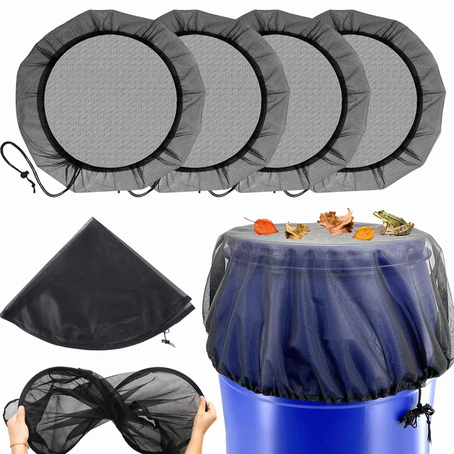 Housse pour Tonneau de Pluie Filet de Protection Réglable 4 Pièces Anti-Feuilles Insectes Toutes Saisons
