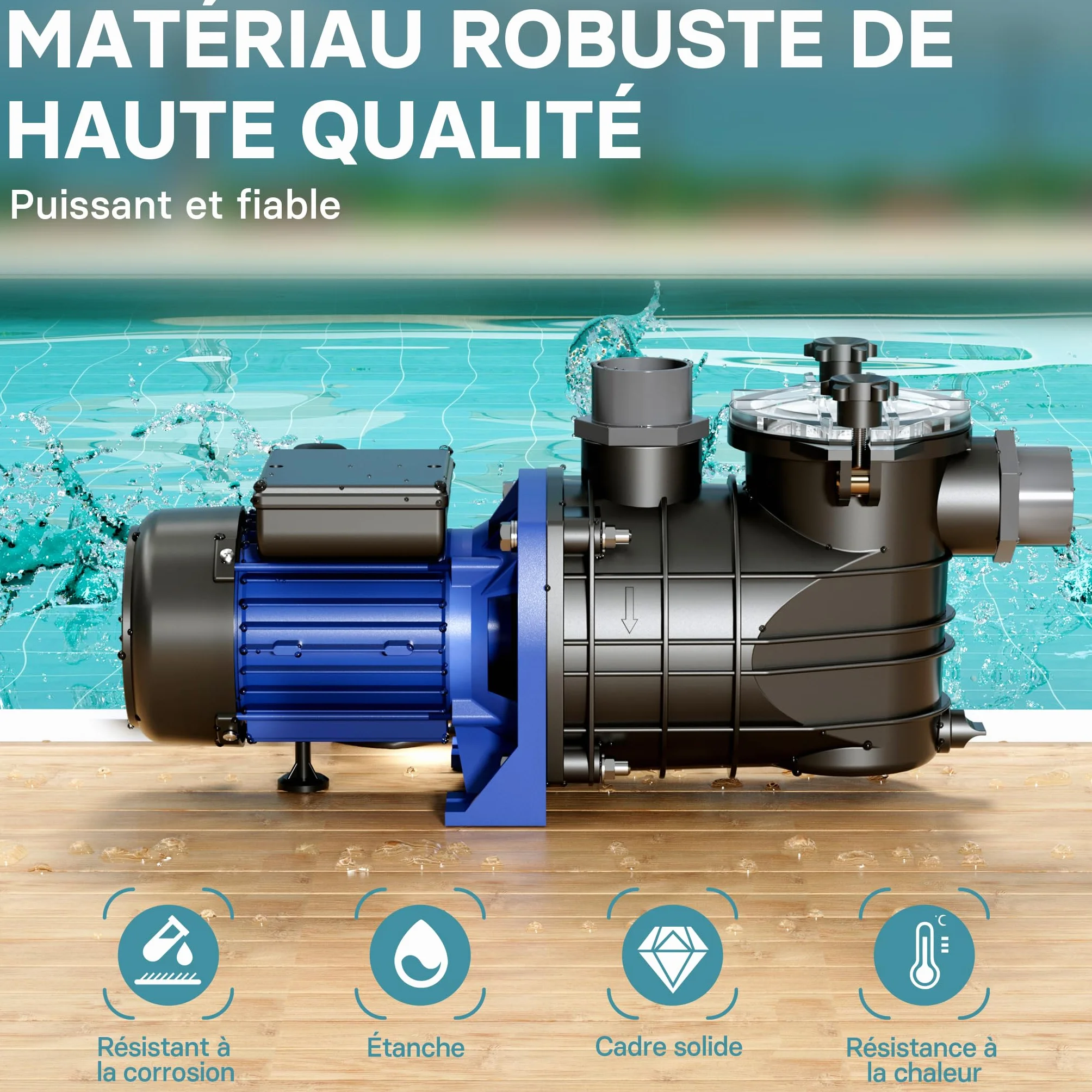 Wiltec Pompe piscine 1100 W – Débit 17700 l/h – Hauteur refoulement 15 m – Filtration Circulation Eau