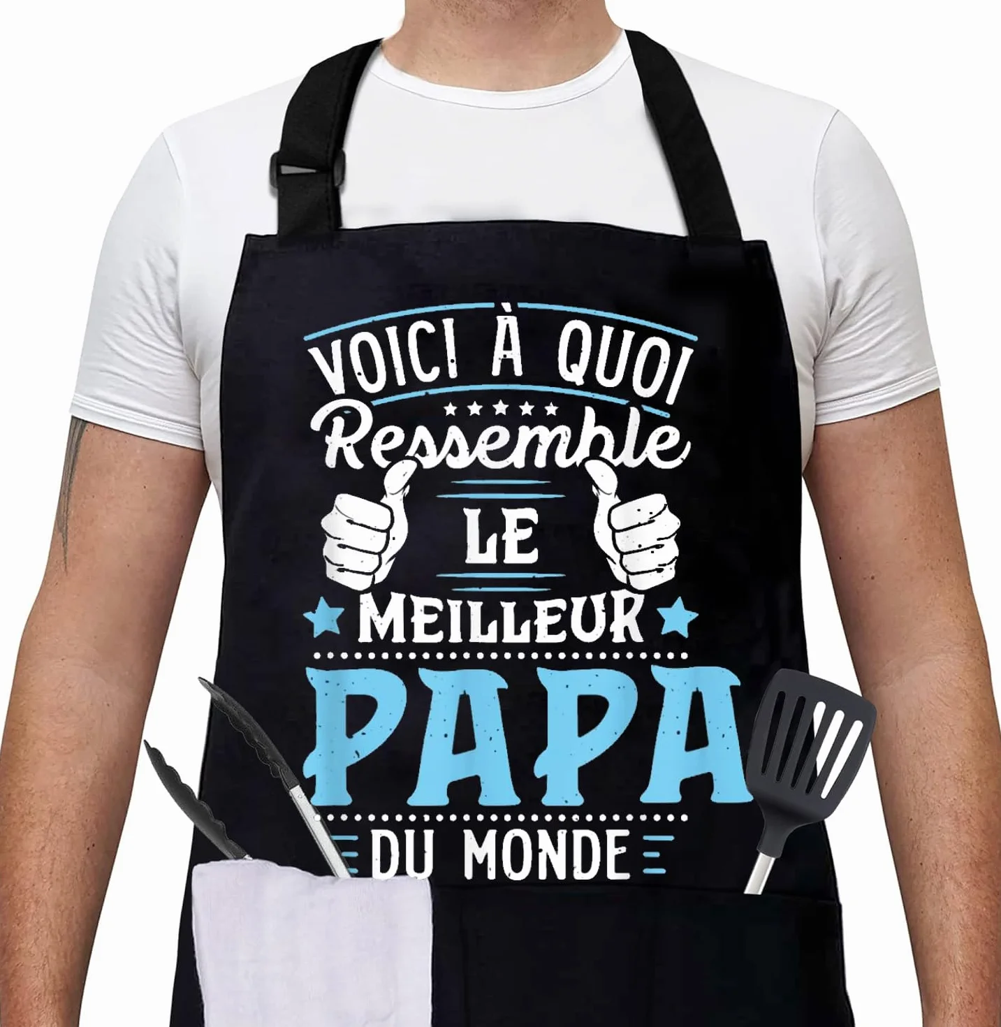 Tablier Cuisine Réglable Chef pour Homme - Cadeau Fête des Pères - Tablier BBQ Jardinage
