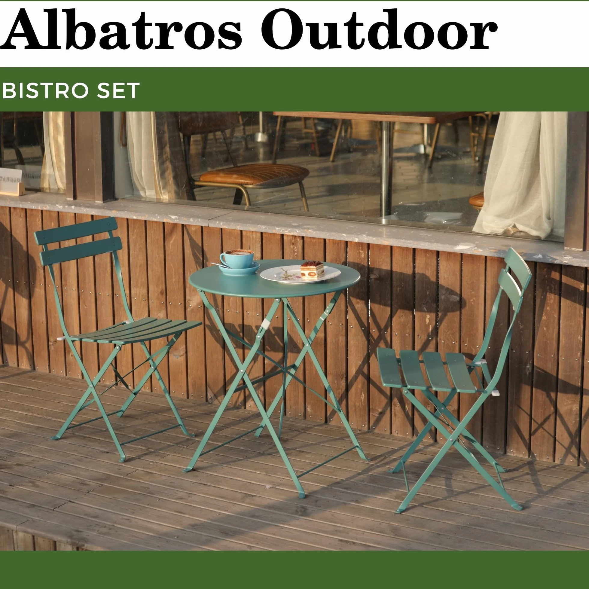 Albatros Ensemble de bistrot 3 pièces vert – Table et chaises pliables en métal robuste pour balcon ou jardin