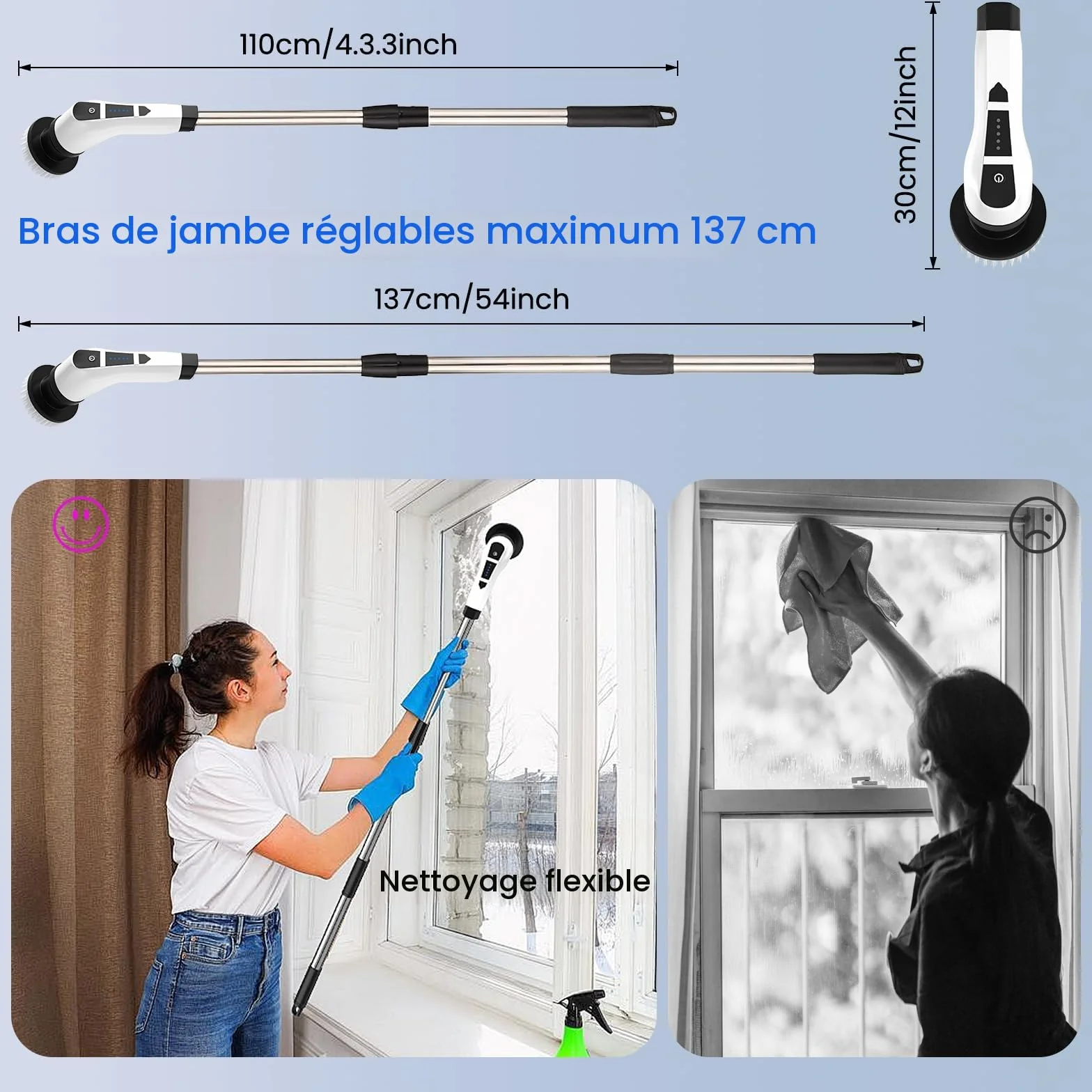 Brosse Rotative Nettoyage Electrique,avec 9 Têtes Interchangeables,Manche Télescopique Ajustable,Rechargeable Brosse Nettoyage Salle de Bainpour La Salle De Bain,La Cuisine,La Voiture,Le Sol