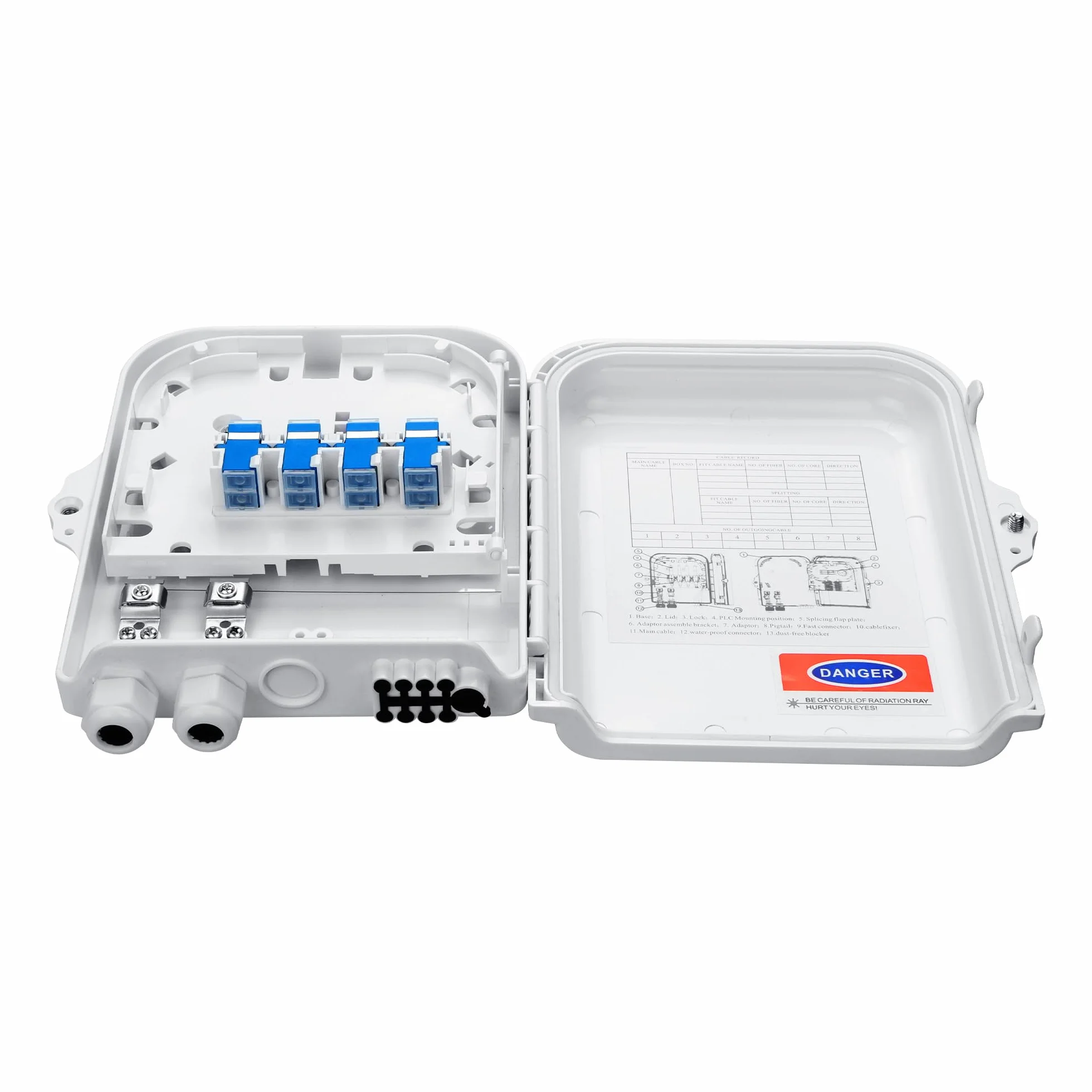 Boîte de distribution à fibre optique à 8 cœurs, boîte de jonction à fibre ABS étanche, adaptée à une utilisation intérieure et extérieure