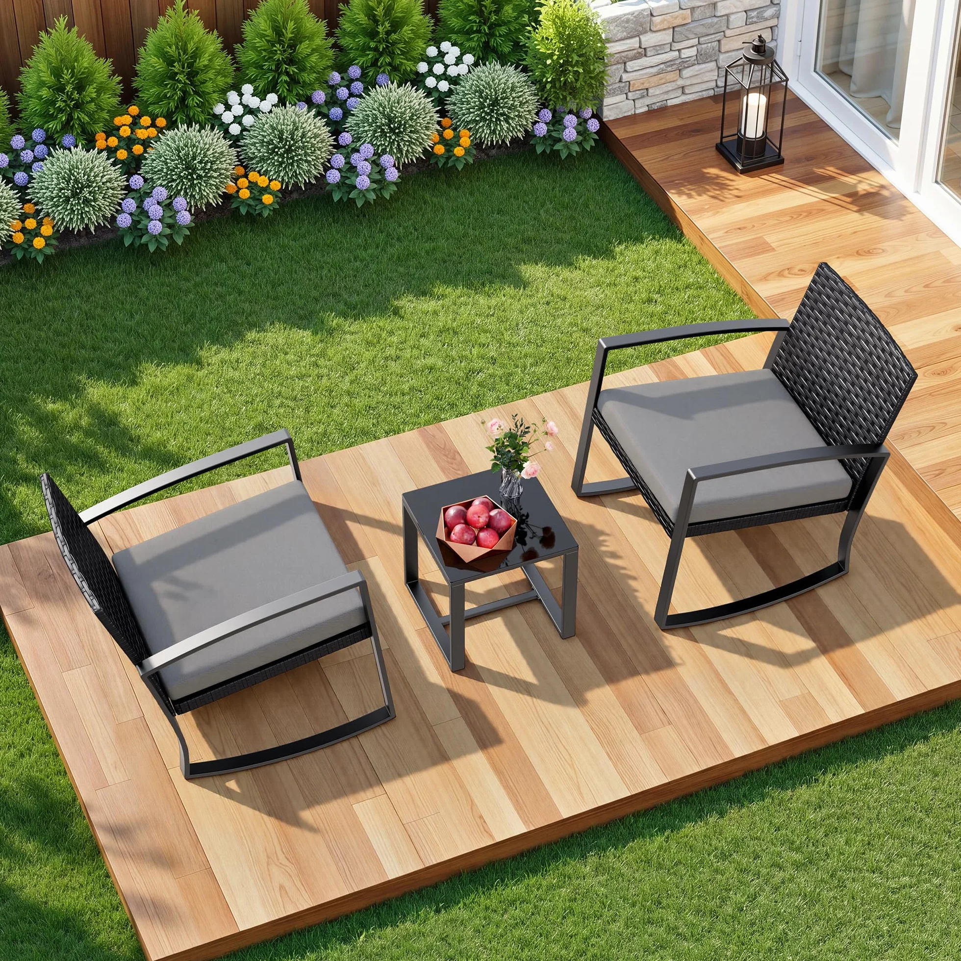 Ensemble de Meubles de Jardin 3 Pièces en Rotin avec Chaises à Bascule et Table Basse en Verre, Gris