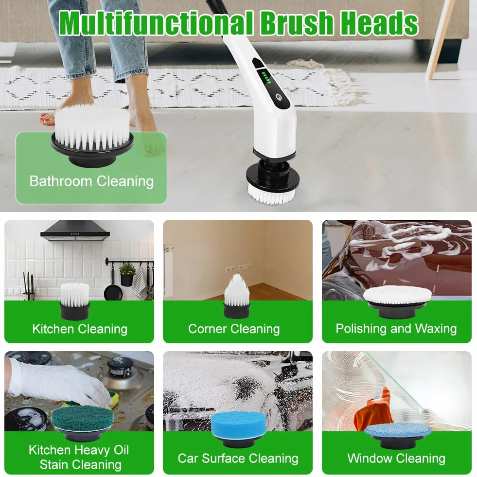 OSDUE Electrique Nettoyage Rotative, Brosse de Nettoyage Electrique, sans Fil avec 7 Têtes Brosse, Remplaçables Poignée d'extension Réglable, pour Salle Bain Cuisine Electric Spin Scrubber