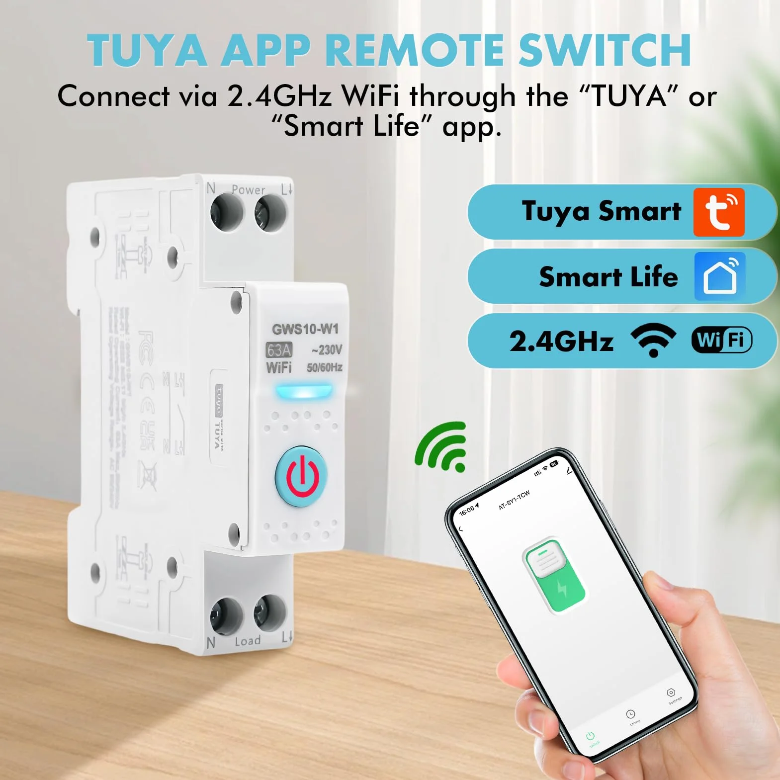 Interrupteur connecté wifi 63A Tuya Disjoncteur connecté wifi Commande vocale Minuterie interrupteur AC230V disjoncteur intelligent Compatible avec Alexa Google Home GWS10-W1