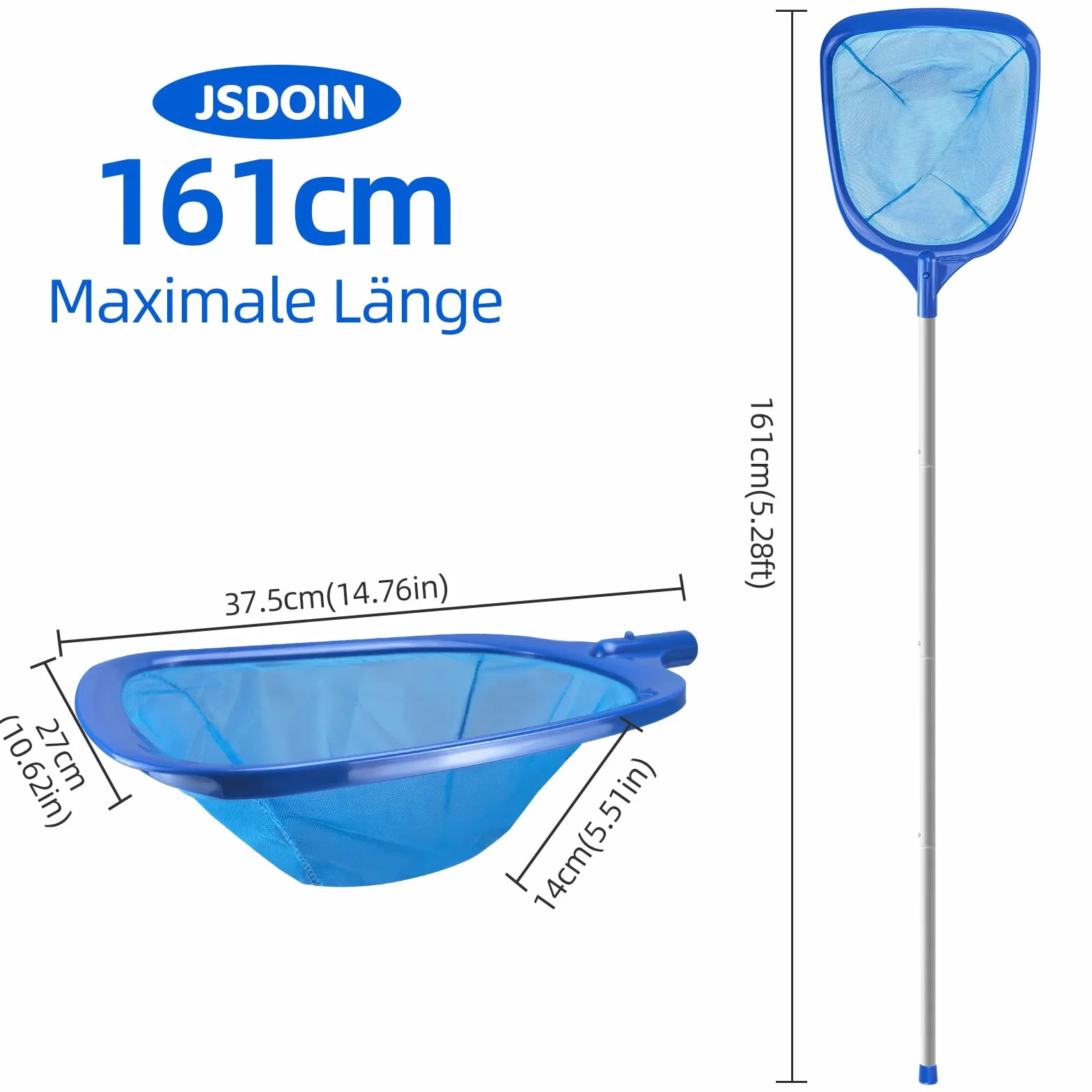 Jsdoin 161cm Épuisette de Surface pour Piscine, Filet avec Manche Télescopique Réglable 123cm