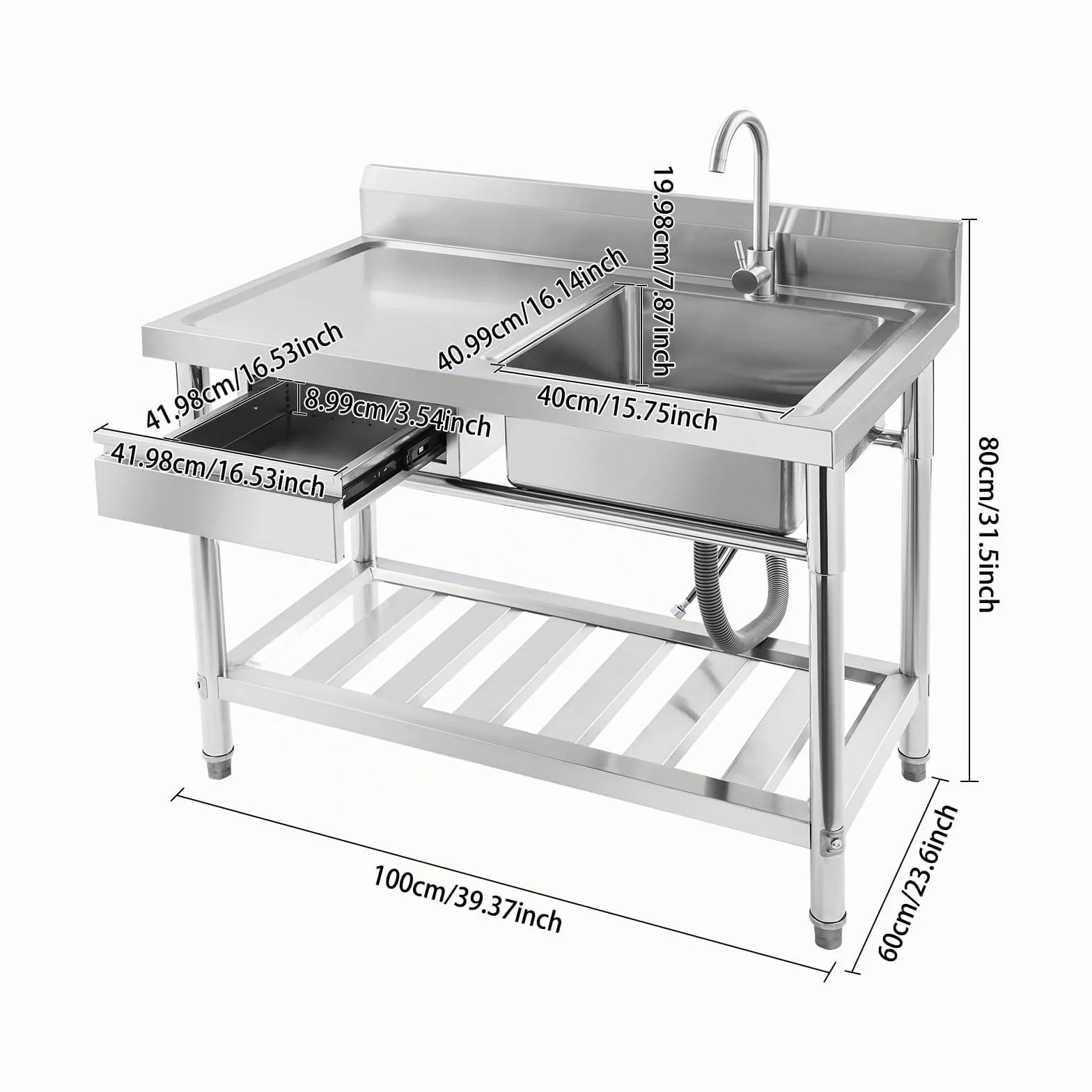 Évier indépendant acier inoxydable extérieur 100x60x80 cm robinet pivotant 360°
