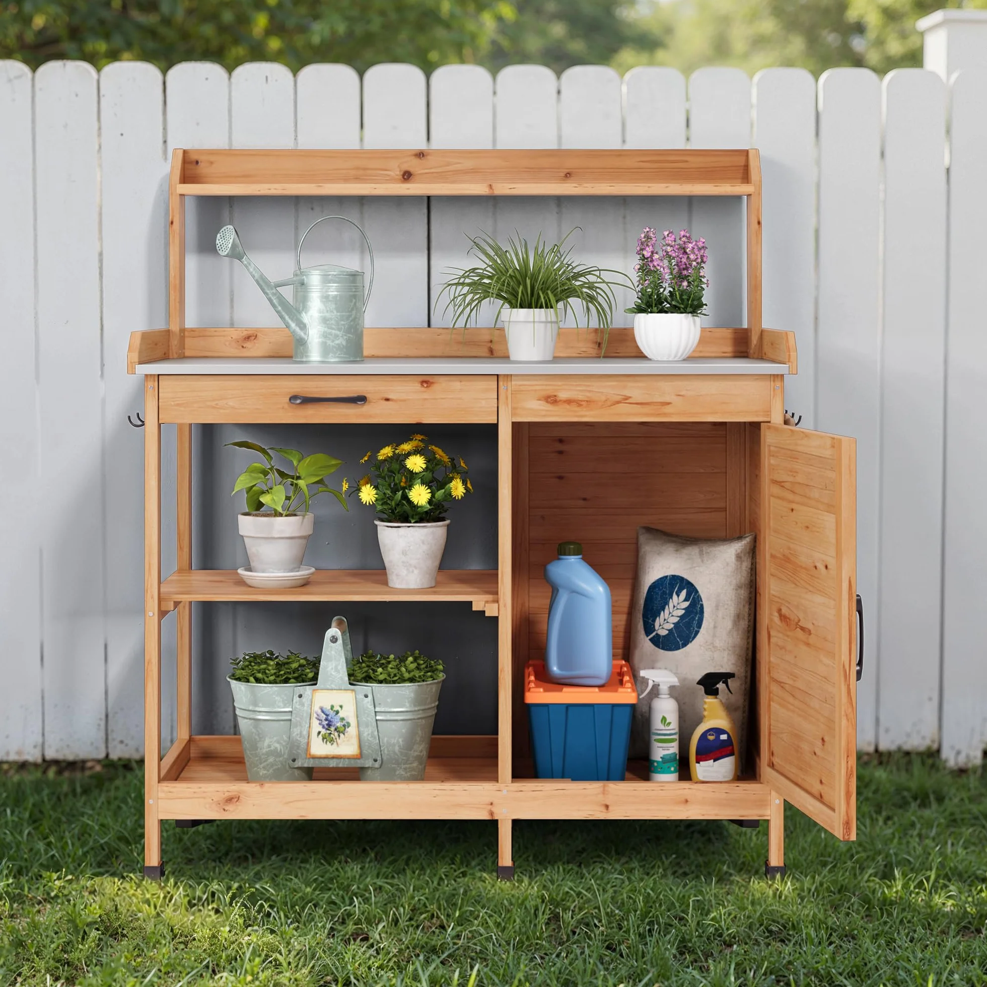 Table de Jardinage en Bois avec Plan de Travail Galvanisé 112x46x125 cm Naturel