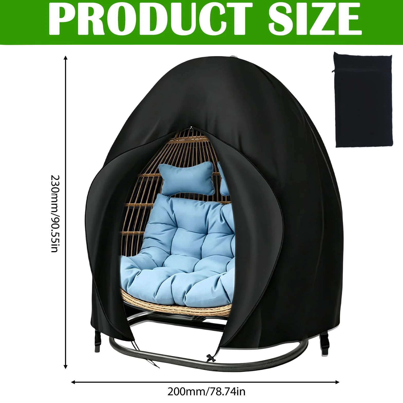 Housse de protection pour fauteuil suspendu 200 x 230 cm, imperméable, noire