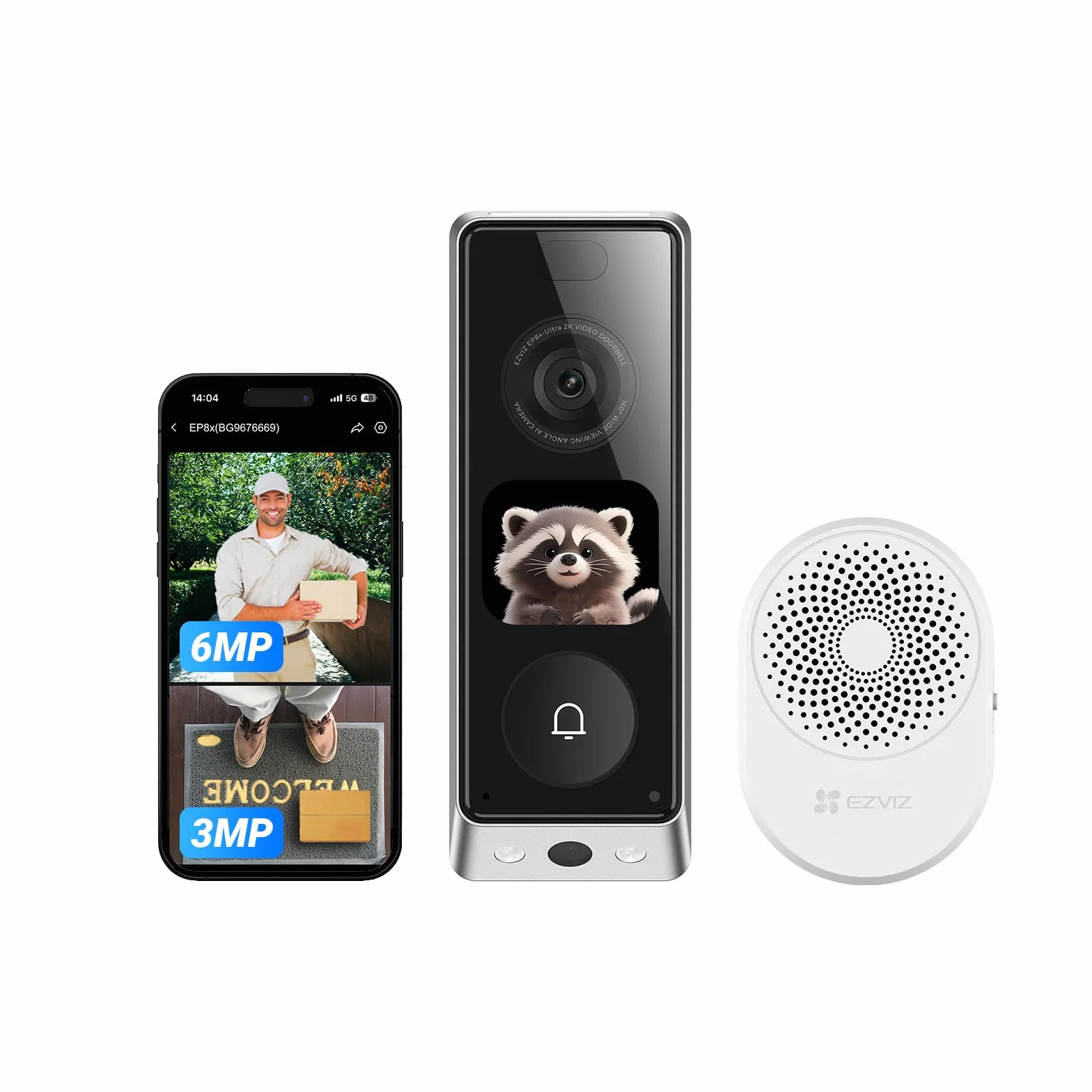 EZVIZ Sonnette sans Fil Extérieur Etanche avec Carillon, Sonnette sans fil avec Caméra Double 6MP et 2MP, Ecran interactif intégré, Détection de Personnes/Paquet, Vision Nocturne en Couleur, EP8 Ultra