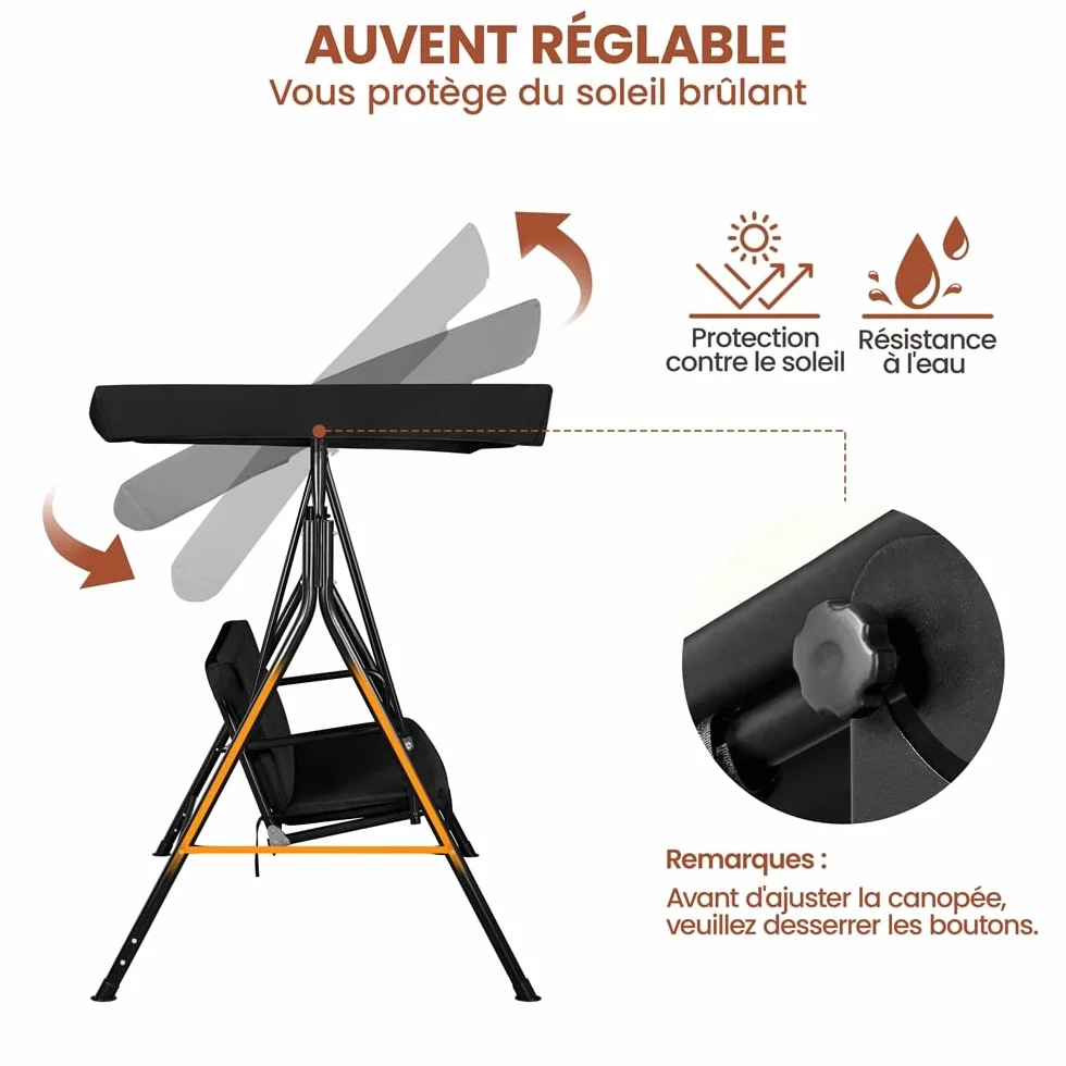 Yaheetech Balancelle de Jardin 3 Places Auvent Ajustable Coussins Amovibles Cadre Métal Noir
