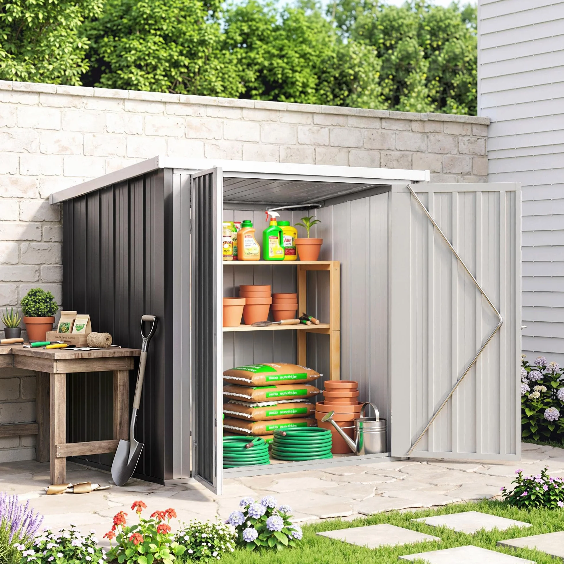 Outsunny Abri de Jardin 1,09 m² Cabanon Rangement Outils 2 Portes verrouillables 147L x 86l x 134H cm tôle d'acier Noir Blanc