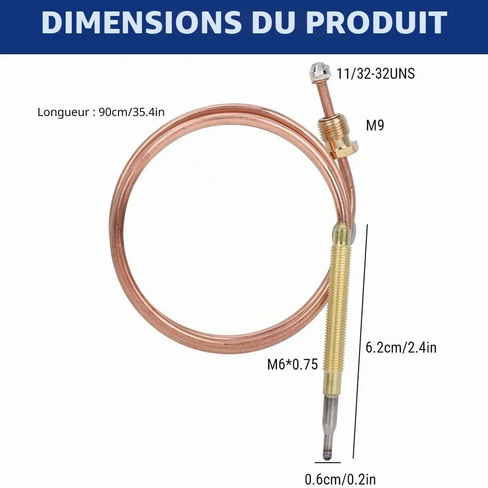 Kit Thermocouple à Gaz Universel 90cm M6x0.75 Métal Filetage pour Chauffage