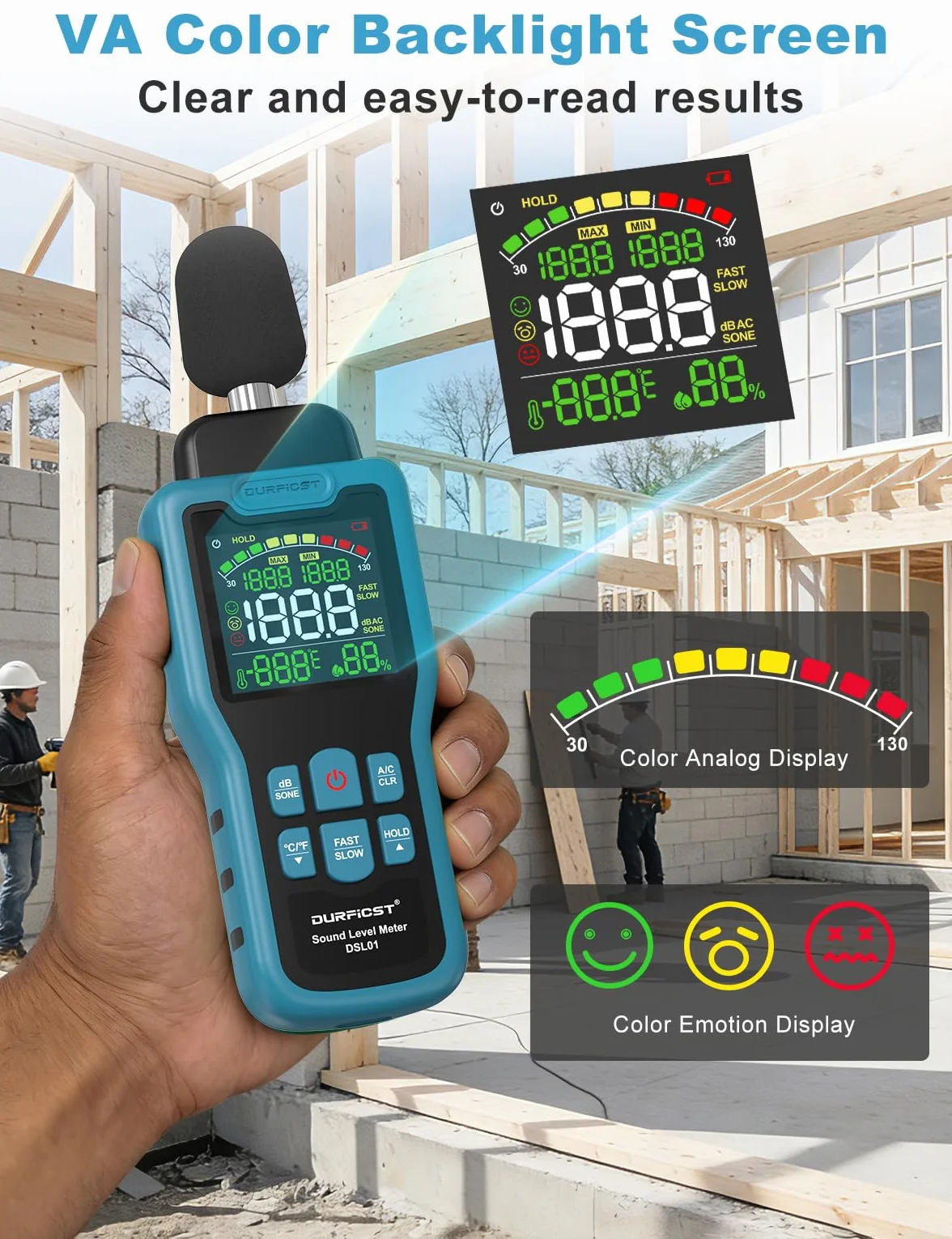Sonomètre, DURFICST Sonometre Decibelmetre avec Mesure de la Température et de l'Humidité, Plage 30-130 dB, Décibelmètre avec Écran LCD Couleur, Pondération AC, Unité dB/SON, Réponse Rapide/Lente