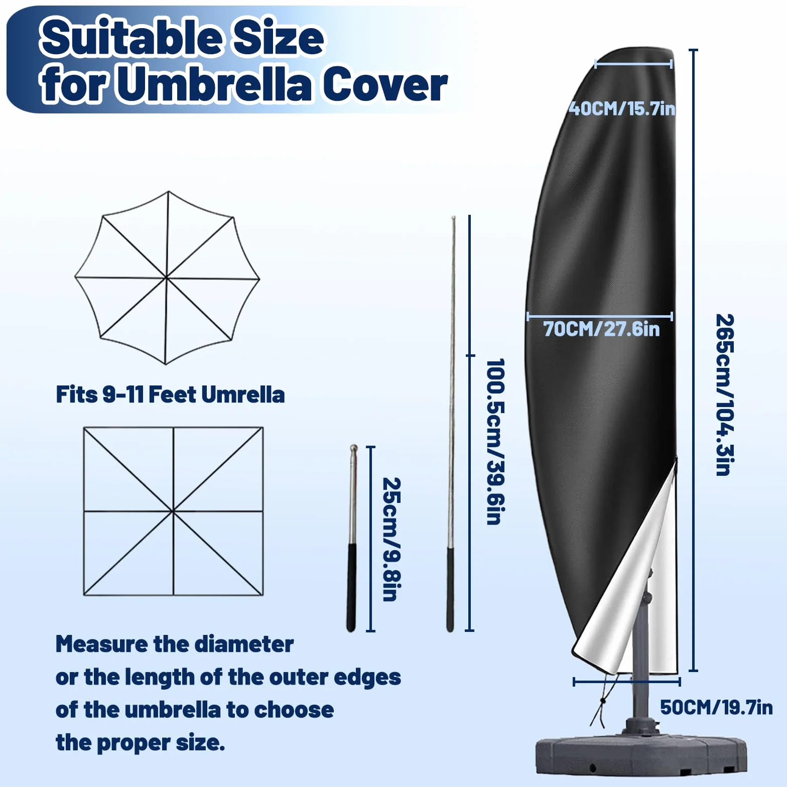 Housse de Parasol Déporté en Tissu Oxford 210D, Protection Anti-UV Imperméable, Fermeture éclair, Perche Télescopique, 265cm