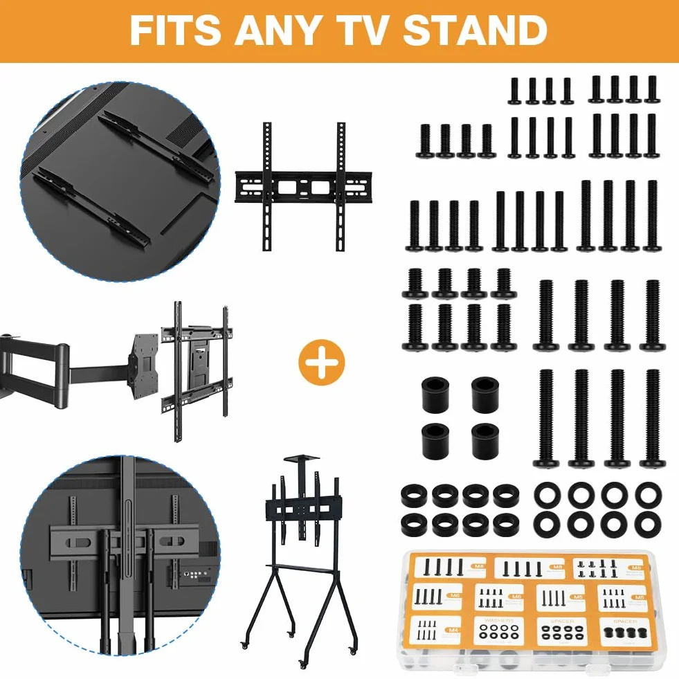 Flintronic Vis de Support TV, Kit de Vis de Montage TV Universel, 68 Pièces, M4/M5/M6/M8/Rondelles/Entretoises, Kit de Matériel de Montage pour Téléviseurs et Moniteur, Convient Jusqu'à 80 Pouces