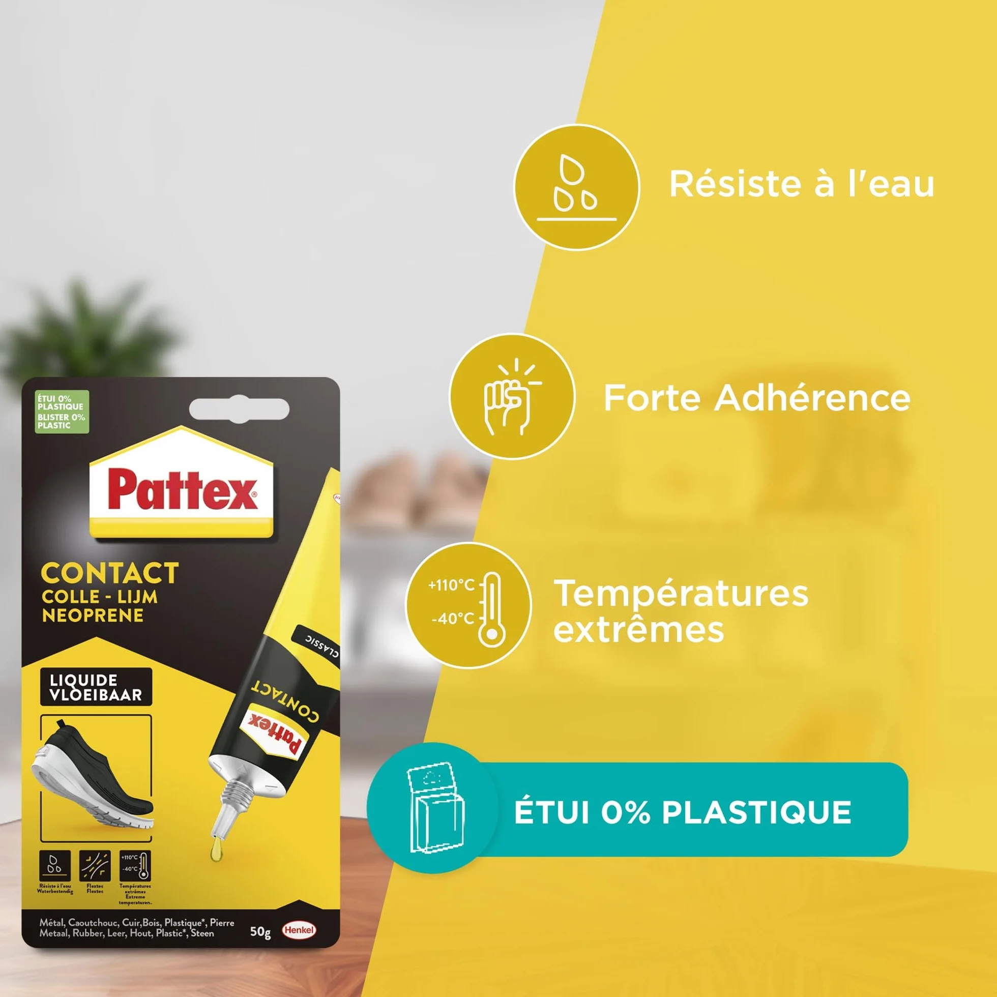 Pattex Colle contact type néoprène- Formule Liquide tous matériaux- tube 125 gr