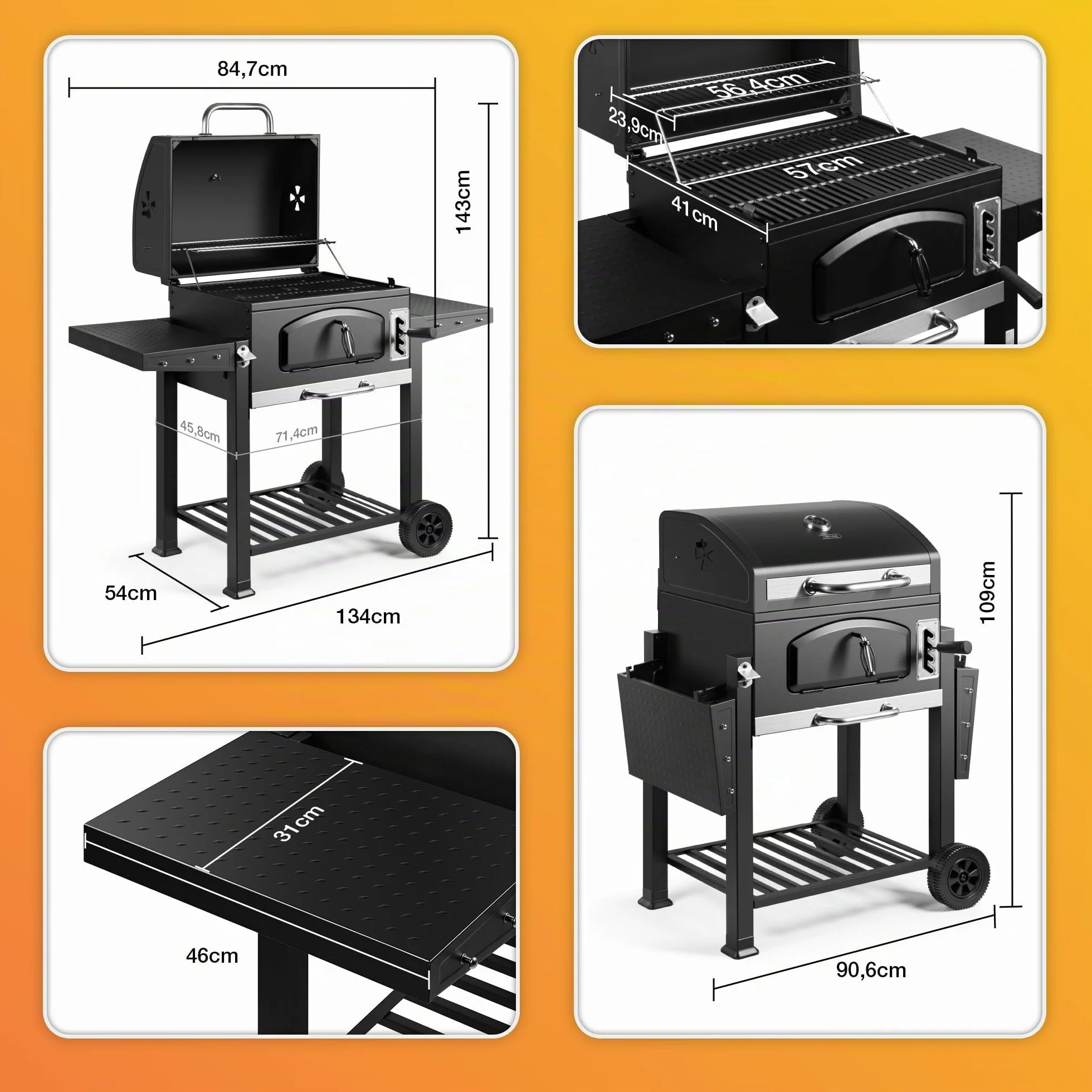 VonHaus Barbecue au Charbon XL avec Grille de Maintien au Chaud et Tablettes Rabattables – Grill et Fumoir 2-en-1