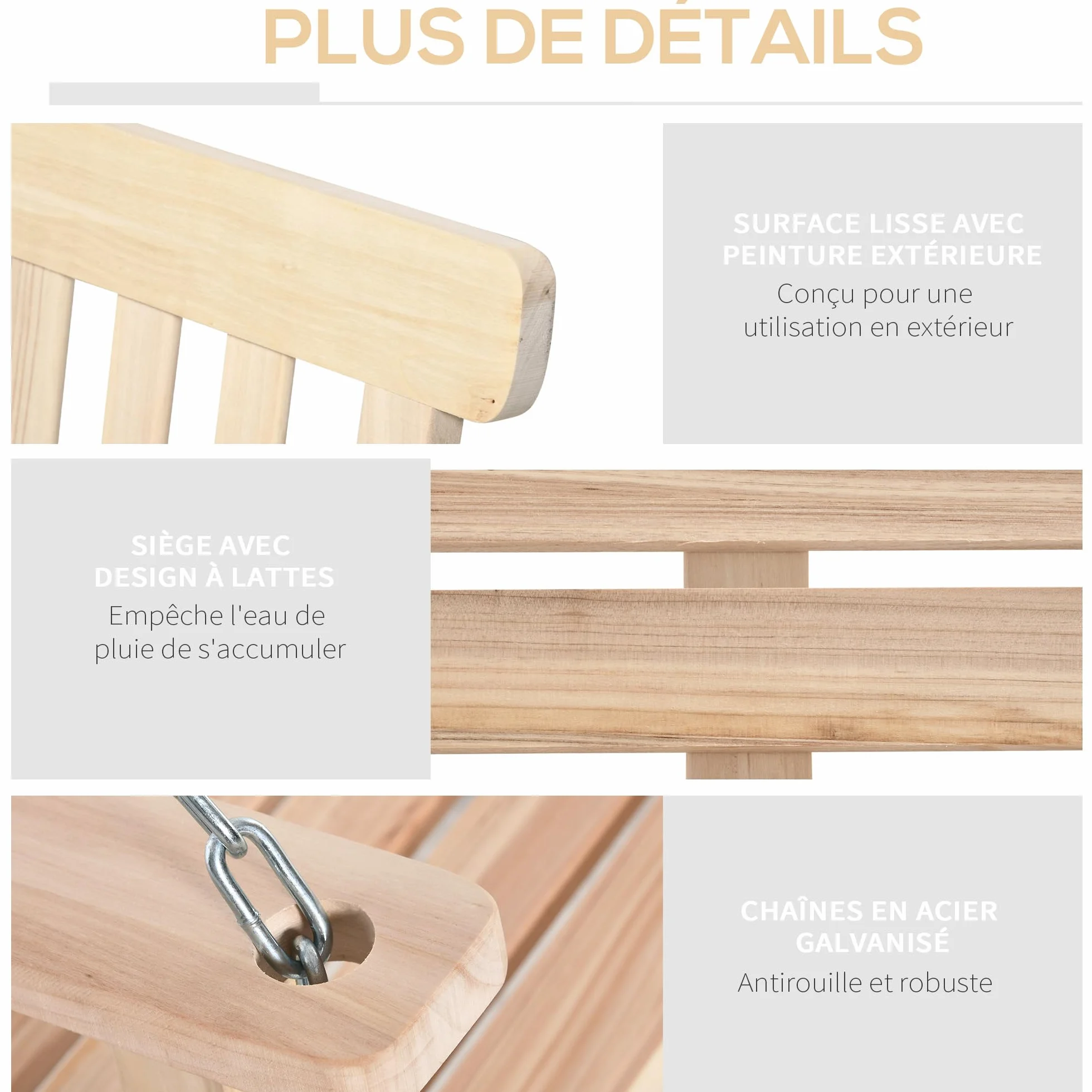 Outsunny Balançoire de Jardin 2 Places Suspendue 200 kg Bois Naturel