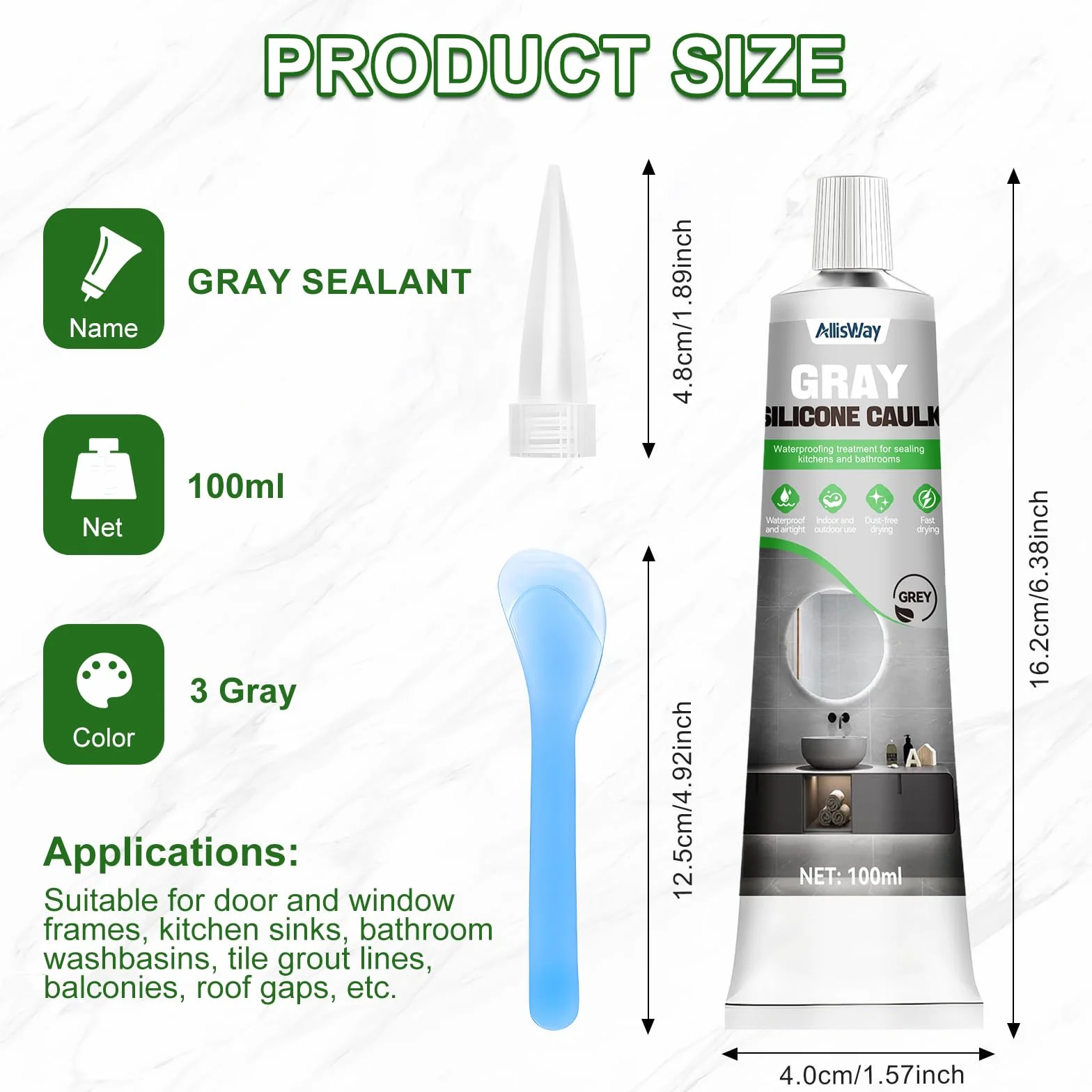 Silicone Gris, Joint Salle de Bain, Joint Silicone, Convient aux Salles de Bains Fermées aux Cuisines et aux Espaces Intérieurs et Extérieurs, Imperméable et Sèche Rapidement, 100 ml