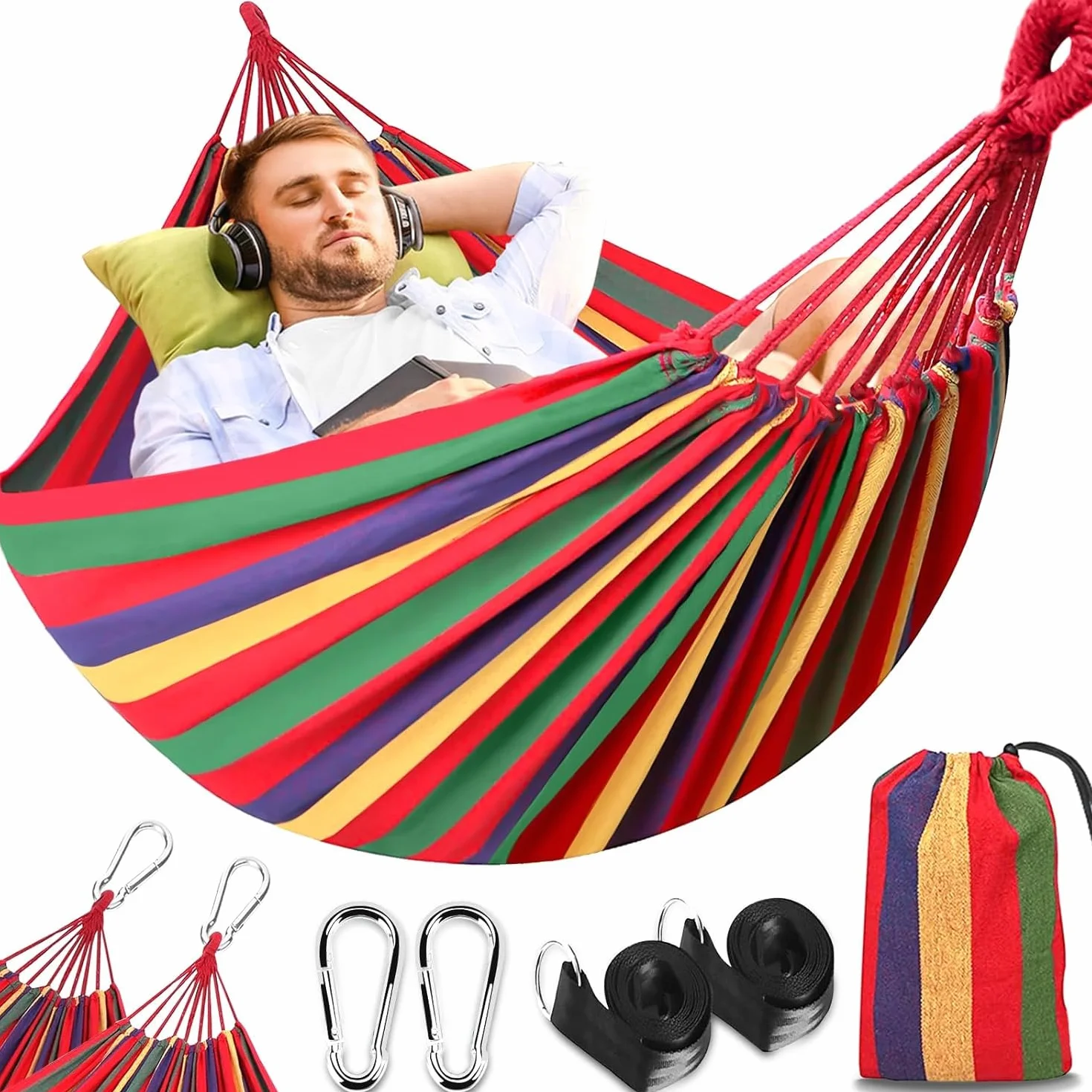 Hamac de Camping Extérieur Double 300x150cm 270kg avec Sac de Transport Sangles en Nylon