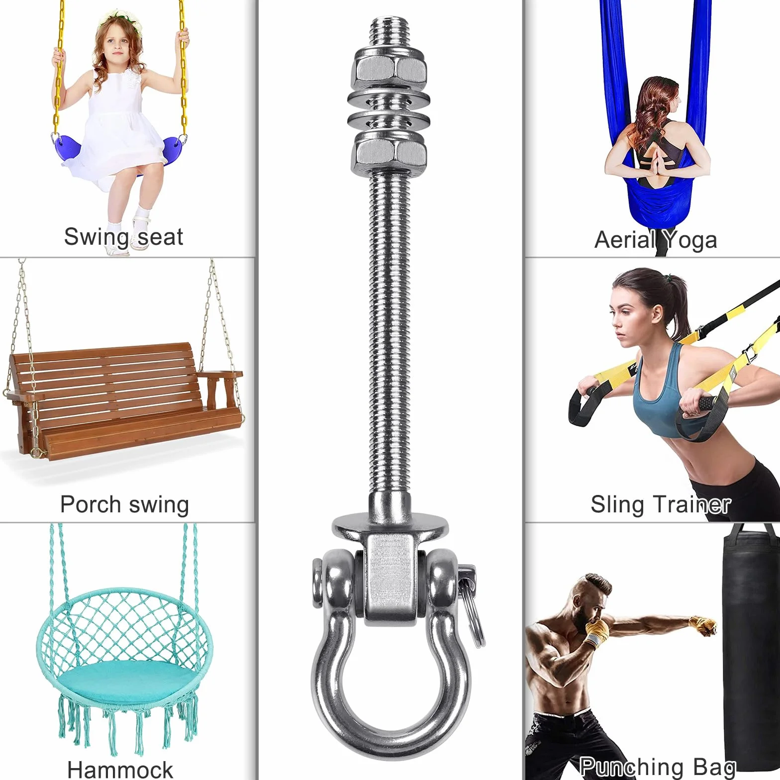 Dolibest 2pcs Crochet de Hamac 17.5cm Accroche Balançoire Fixation Fauteuil Suspendu 180 Pivot Plafond Poutre Chaise Yoga Sac Frappe Suspension 1500lbs