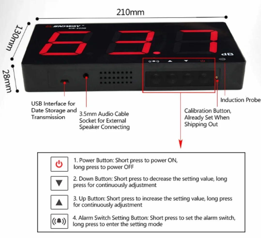 30~130 dB Sonomètre de Numérique Monté au Mur Sonomètre Enregistreur avec 9.6" Affichage LCD USB Testeur de Mesure de Bruit avec Enregistreur de Données et Alarme(SW-525B)