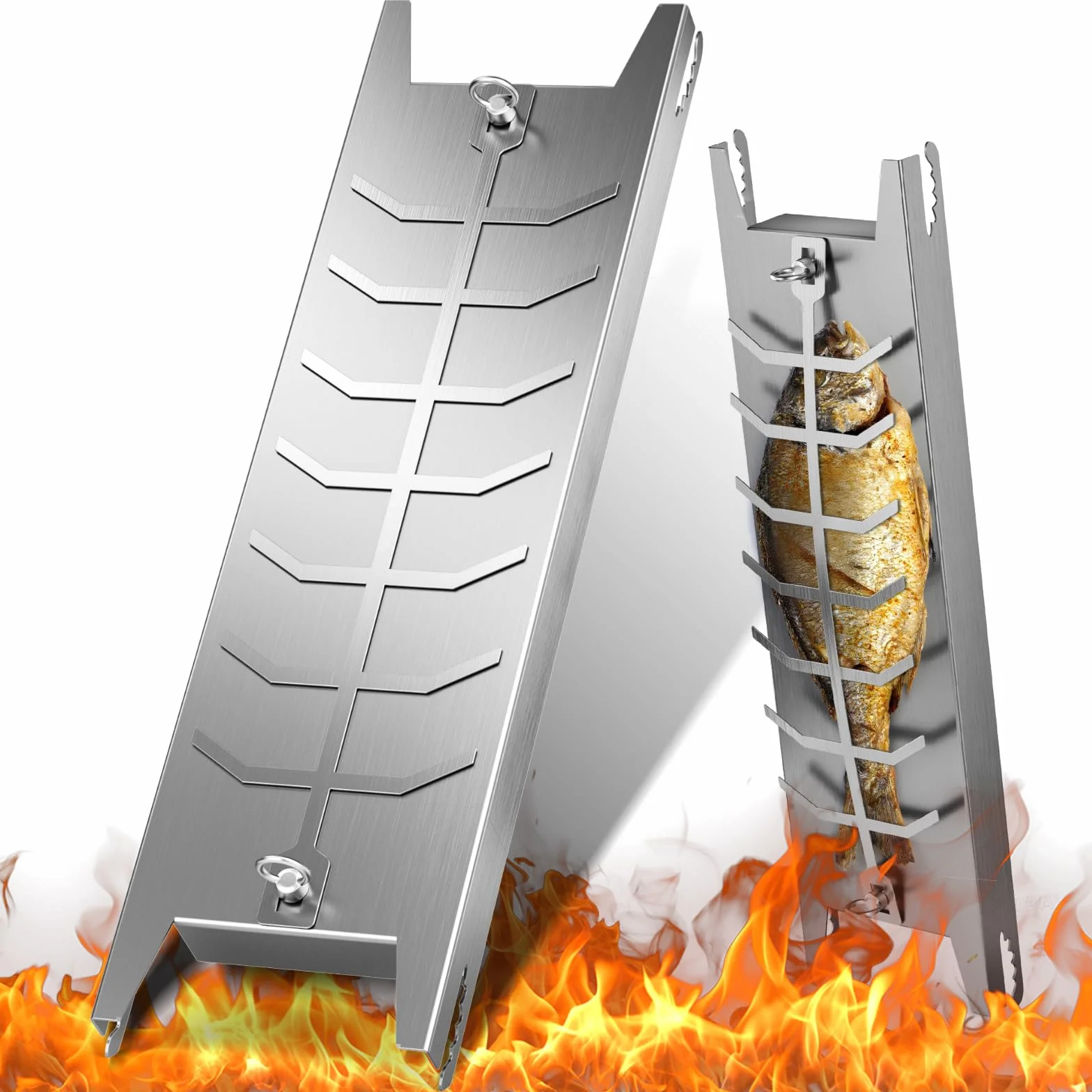 Planche à saumon flambée avec support en acier inoxydable, rotation 180°, pour brasero & barbecue, 23.43 x 6.3 x 1.42 Inch